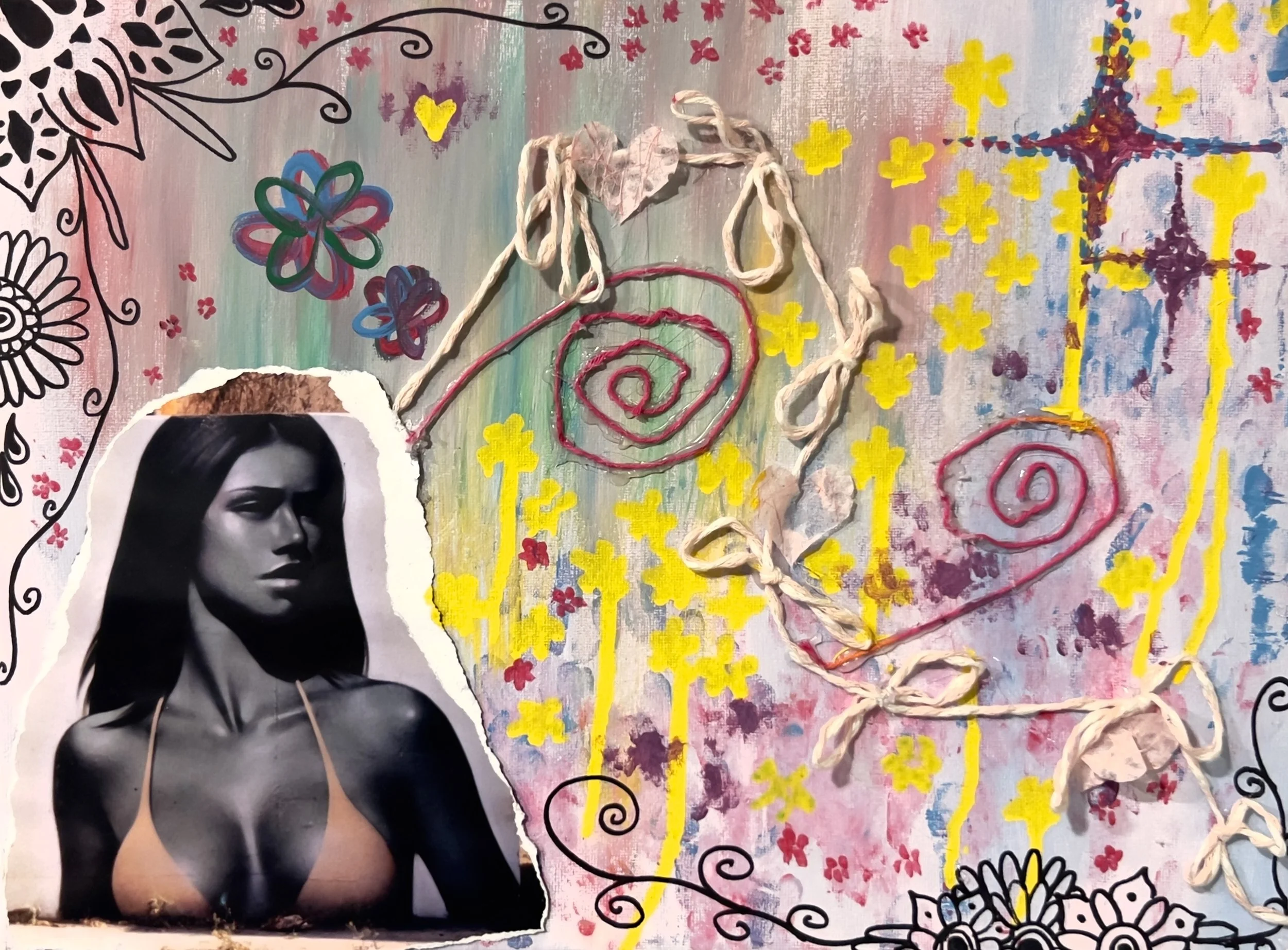 "Girl Dream" 2025, acrylic paint, paint markers, yarn, sharpie, cut magazine on canvas, 11" x 14"