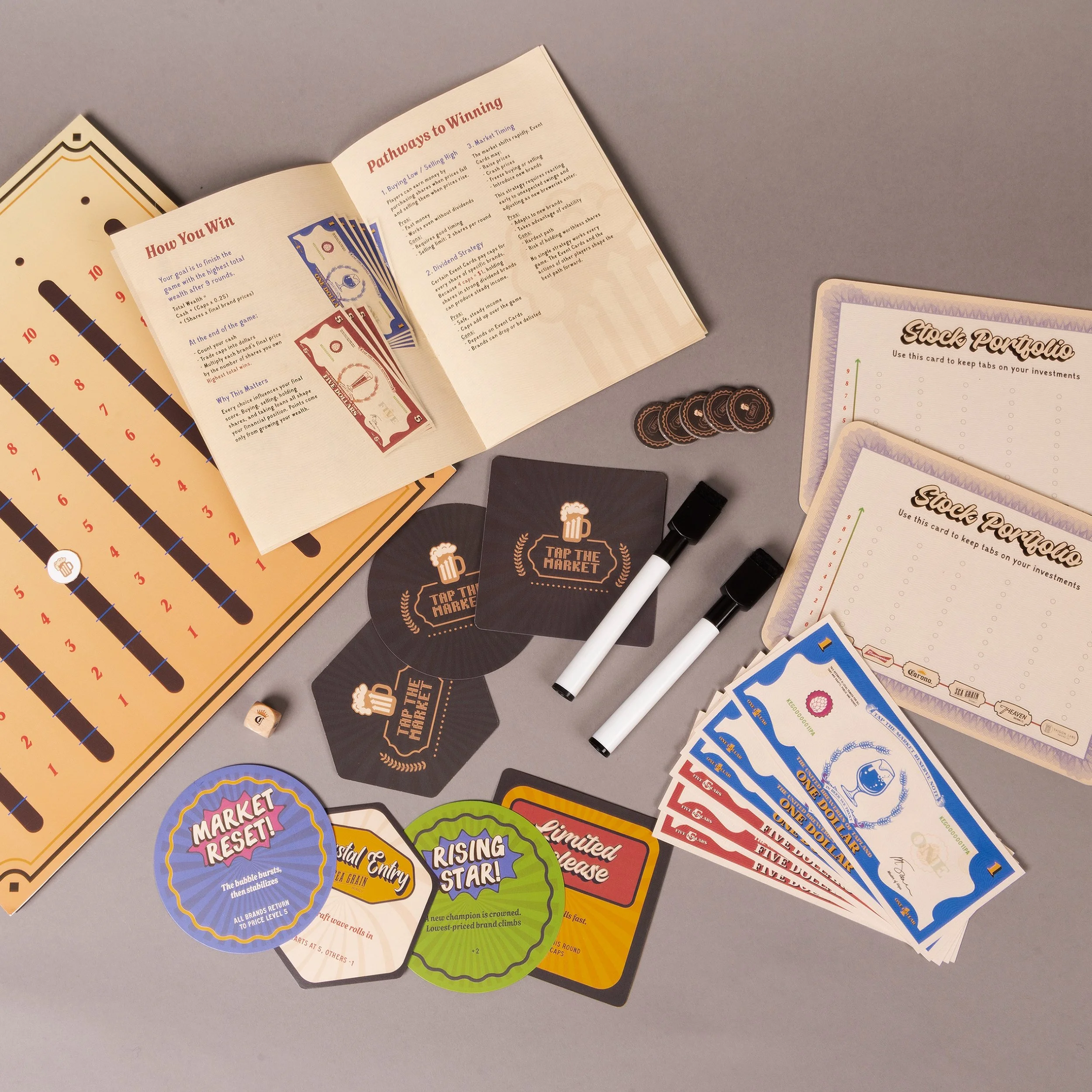 "Tap the Market: A Game of Brews, Bids, and Bravado" (details) 
Inkjet print on paper and chipboard, game board, rulebook, event cards, player portfolios, play money, bottle-cap tokens, die, and dry-erase markers. Dimensions variable. 
Photo credit: 