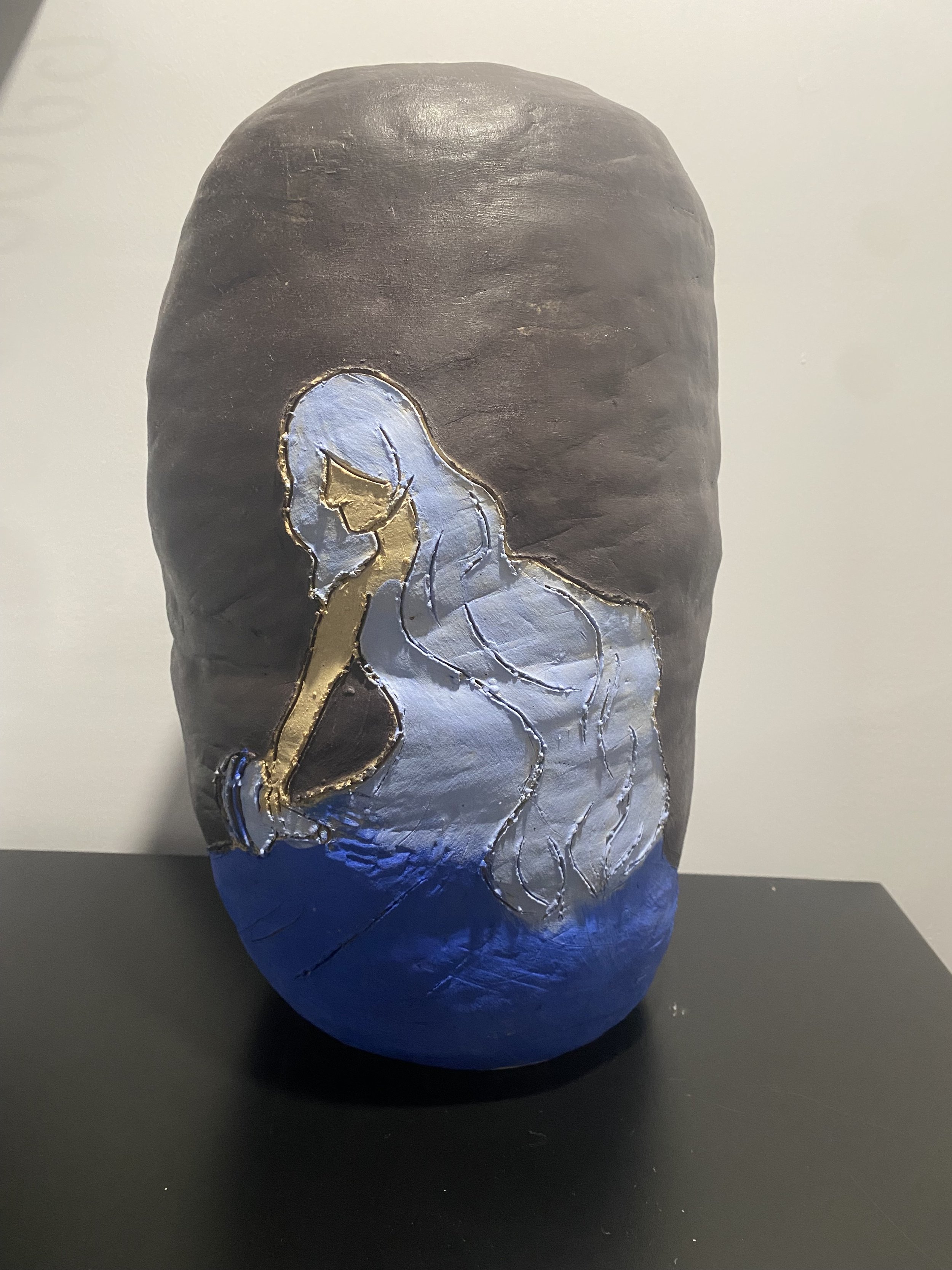 "Moon Jar 2" 2024, Ceramic and underglaze, 12” x 7” 