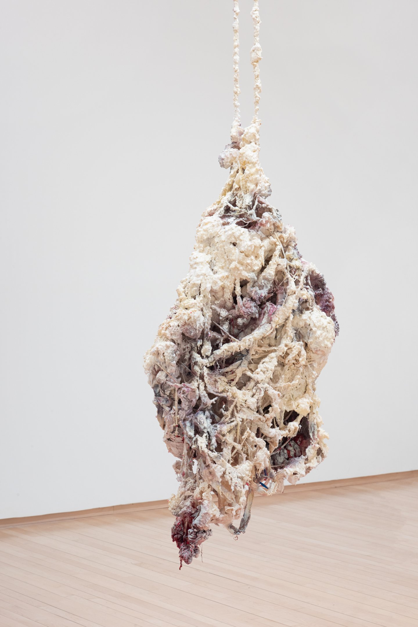 "Ashes no longer bear the essence of humans!"(detail), 2025,
wax, silicone, recycled fabric and rope, plaster, tubes, spray paint, water, aluminum, mirror sticker. box: 70x 30x8 inches.