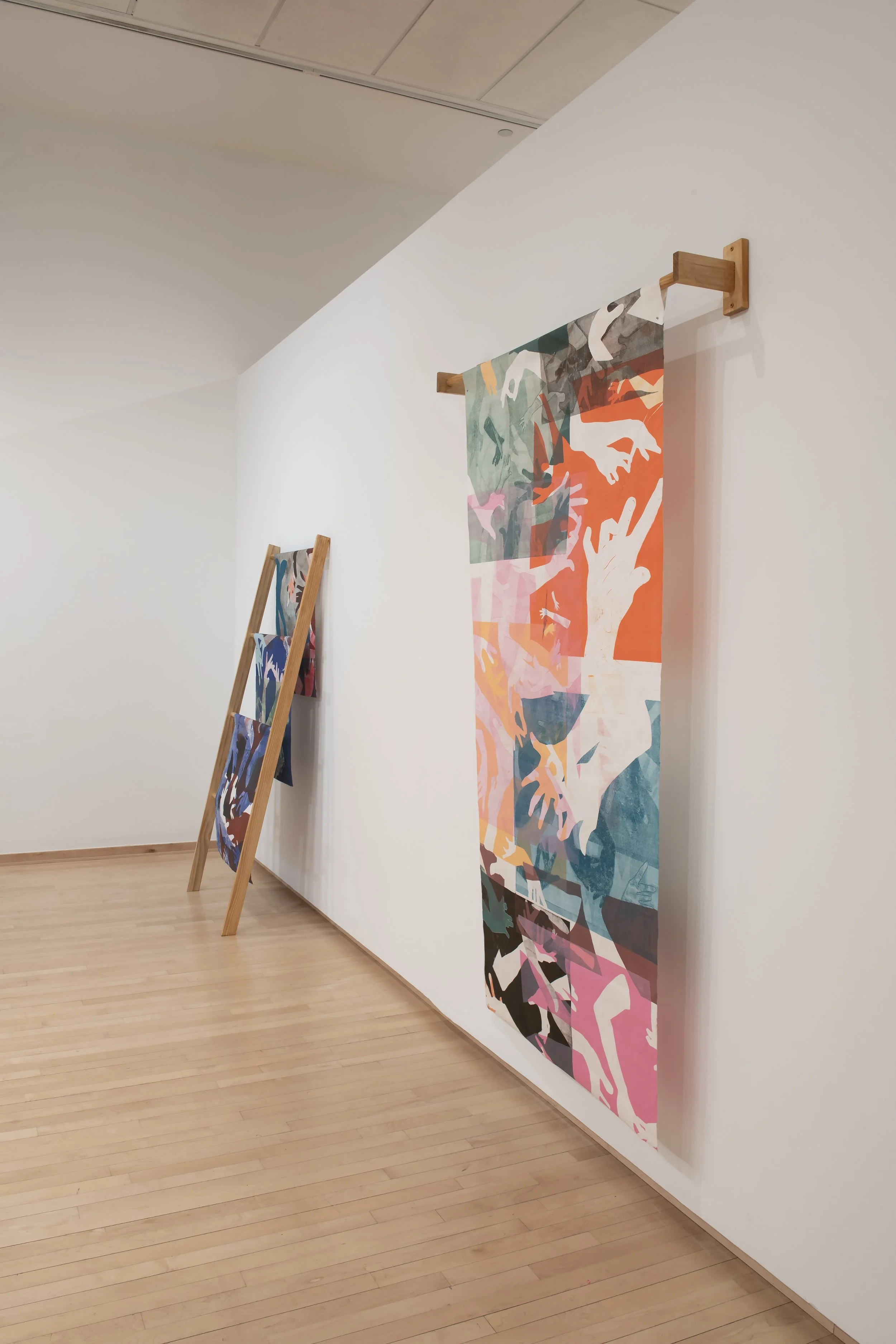 "Working Hands,"

Installation view 

Mono print on Mulberry Paper, Wood 

Dimensions Variable 

Photo credit: John Carlano 