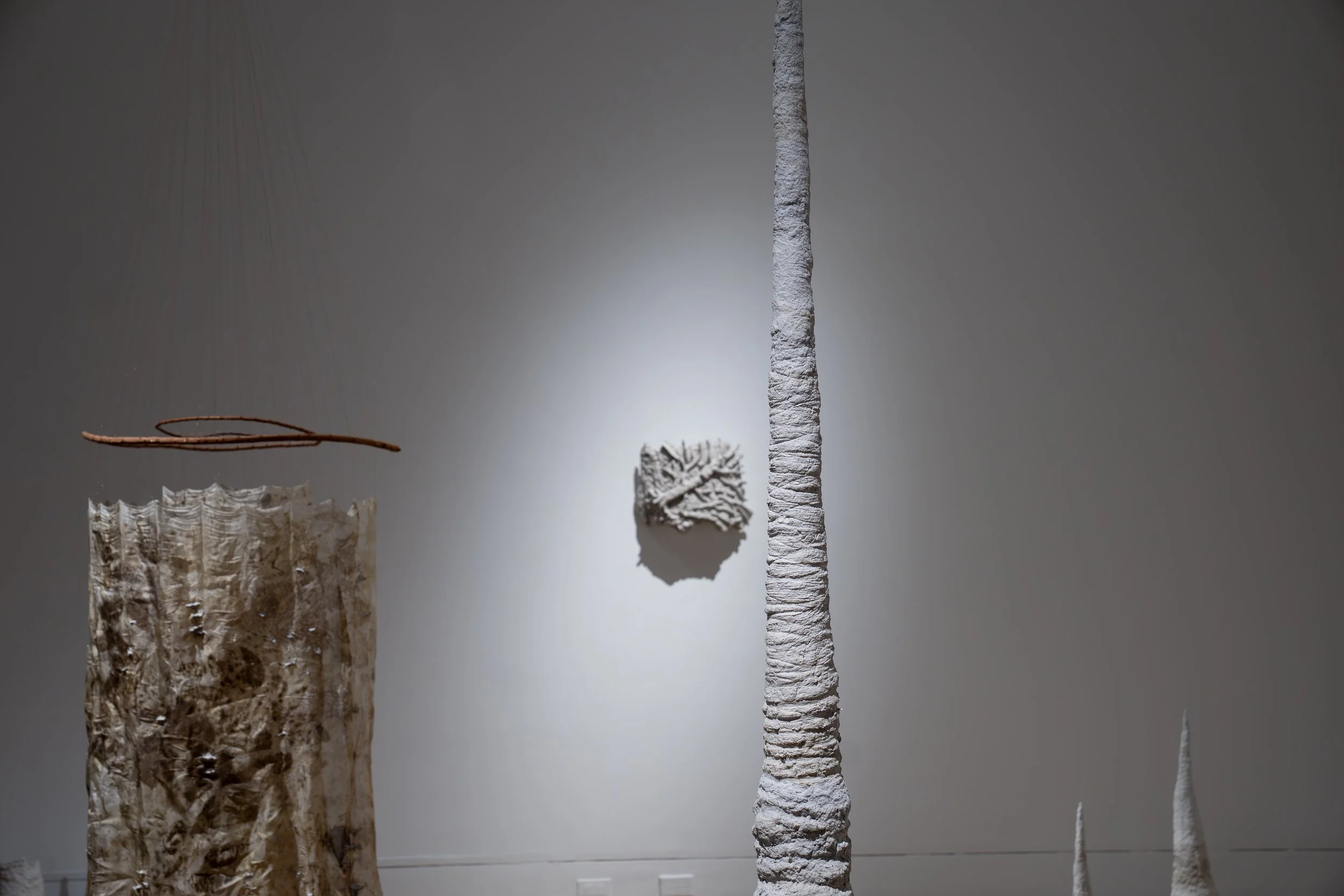 Meredith Tenney-Free, 
Syntropy Forms (Saints), 
2026, 
Silk dyed with leaves foraged from the farm I  
give my compost; smoketree branches from  
the parking lot next door; copper wire, plate,  
and leaf; catalogs and magazines collected  
from nume