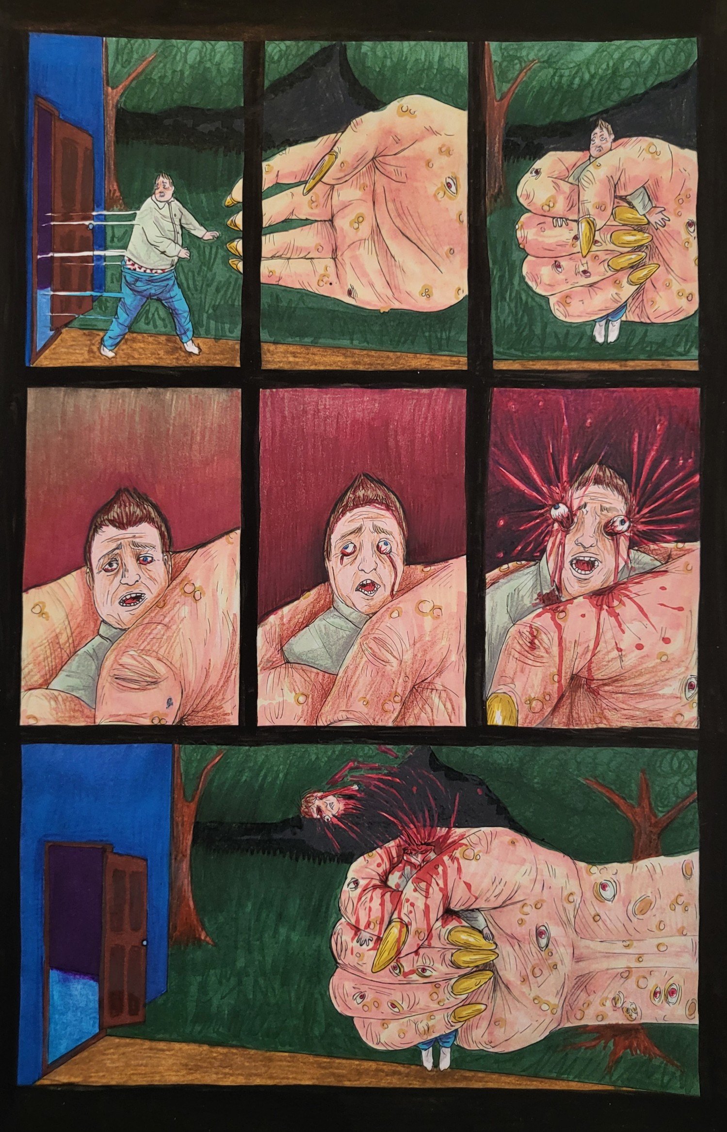 Page From A Monster Comic, 2024, Micron pen, alcohol markers, acrylic paint, and prismacolor pencils on bristol paper, 11” x 17”