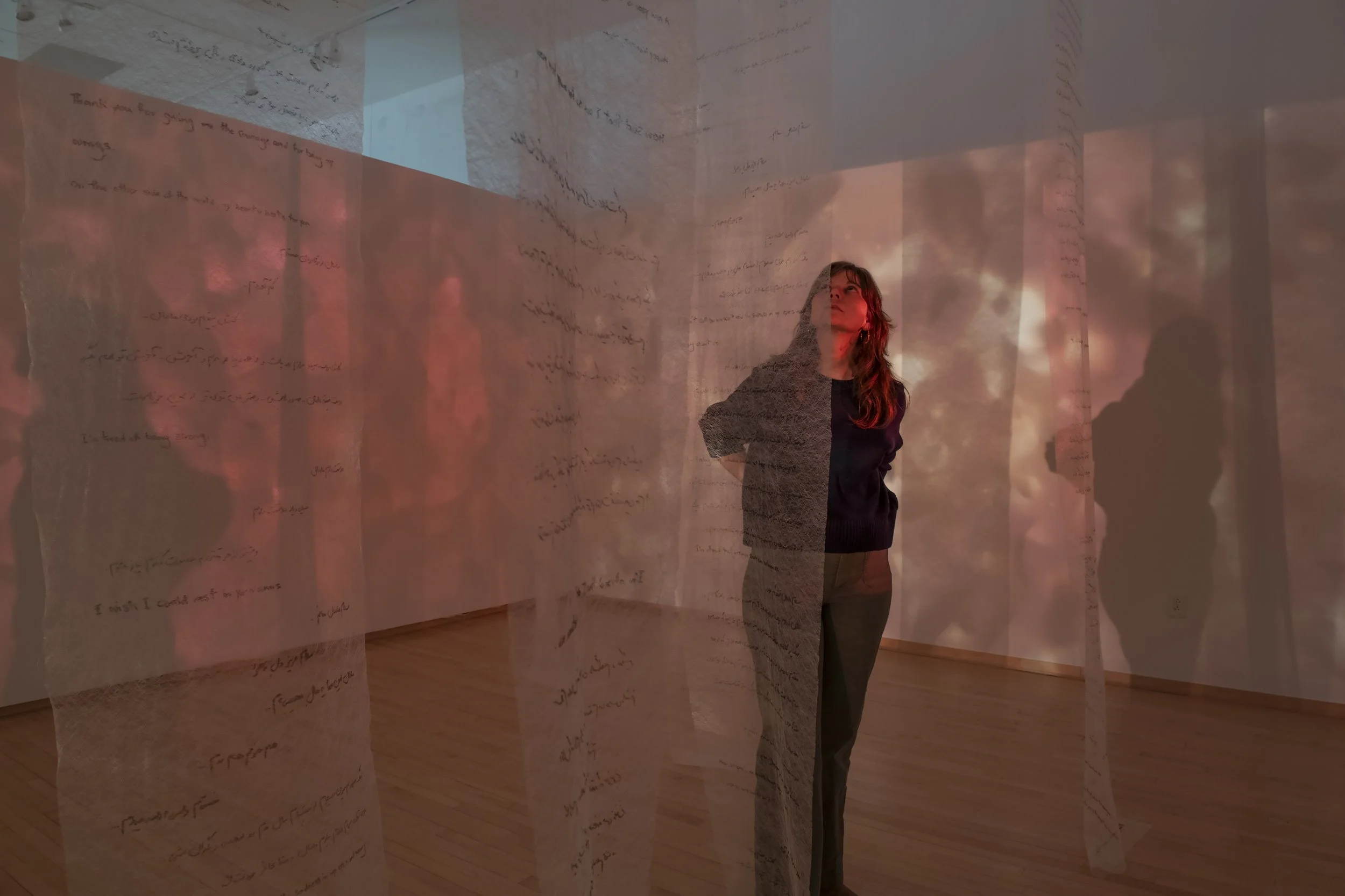 "Your Trace in the Farthest Nearness"
Detail. 
Mixed media installation with overhead projection, phytograms, transparent fabric, and handwritten text. 

Dimensions variable. 

Photo credit: John Carlano 