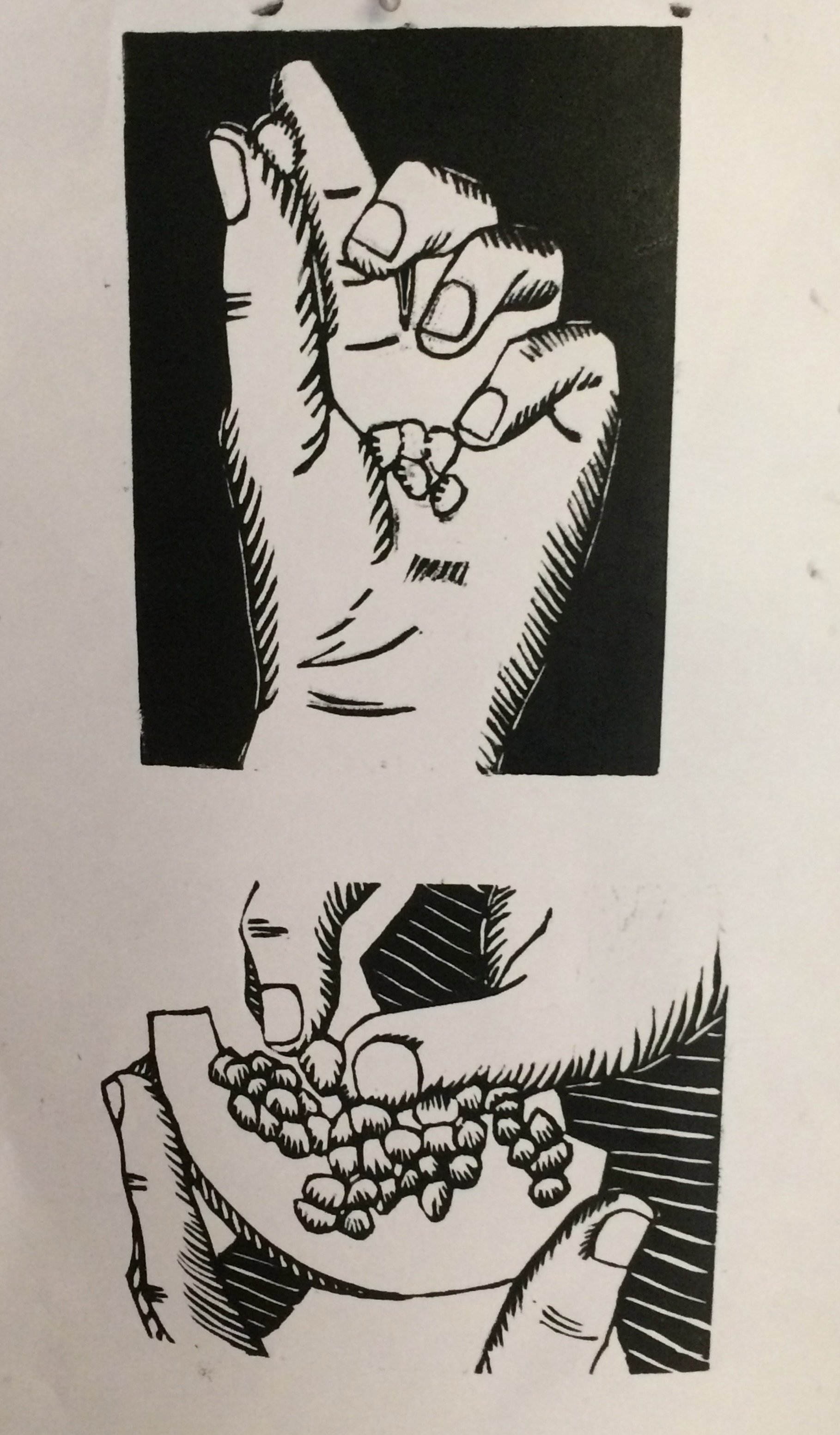 The Hand That Feeds, 2019, Linoleum cut print, 9" x 12"
