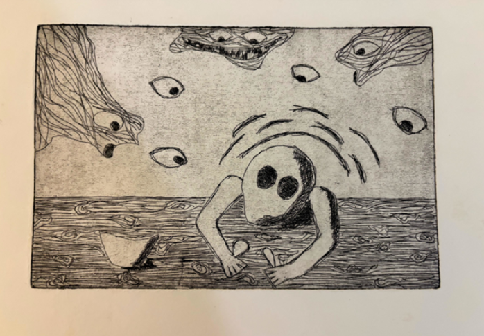 "Pain and Paranoia" 2025, Etching, 11" x 20"