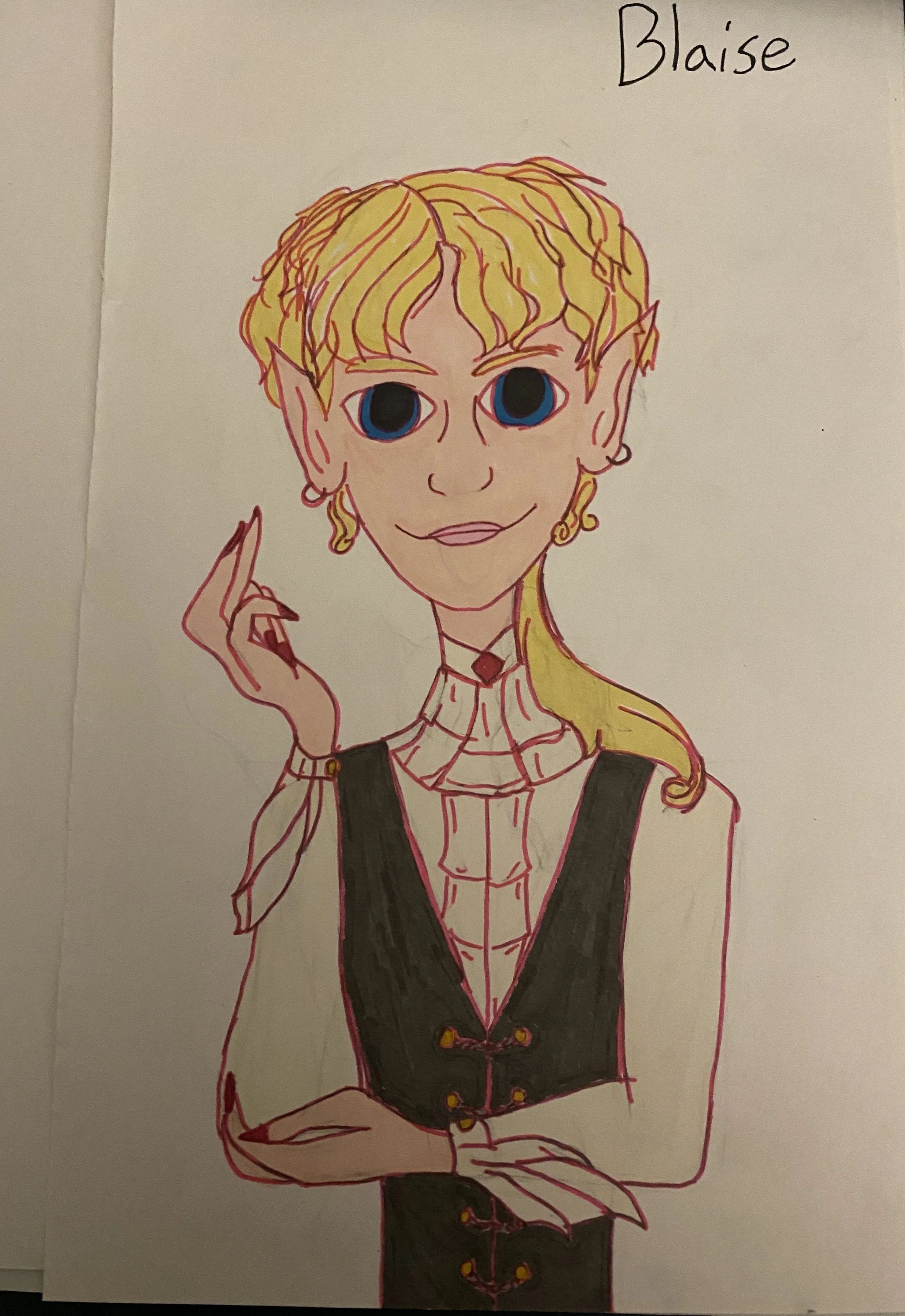"Blaise" 2025, Pencil with Pen Lining and Artist Markers, 8” x 12"