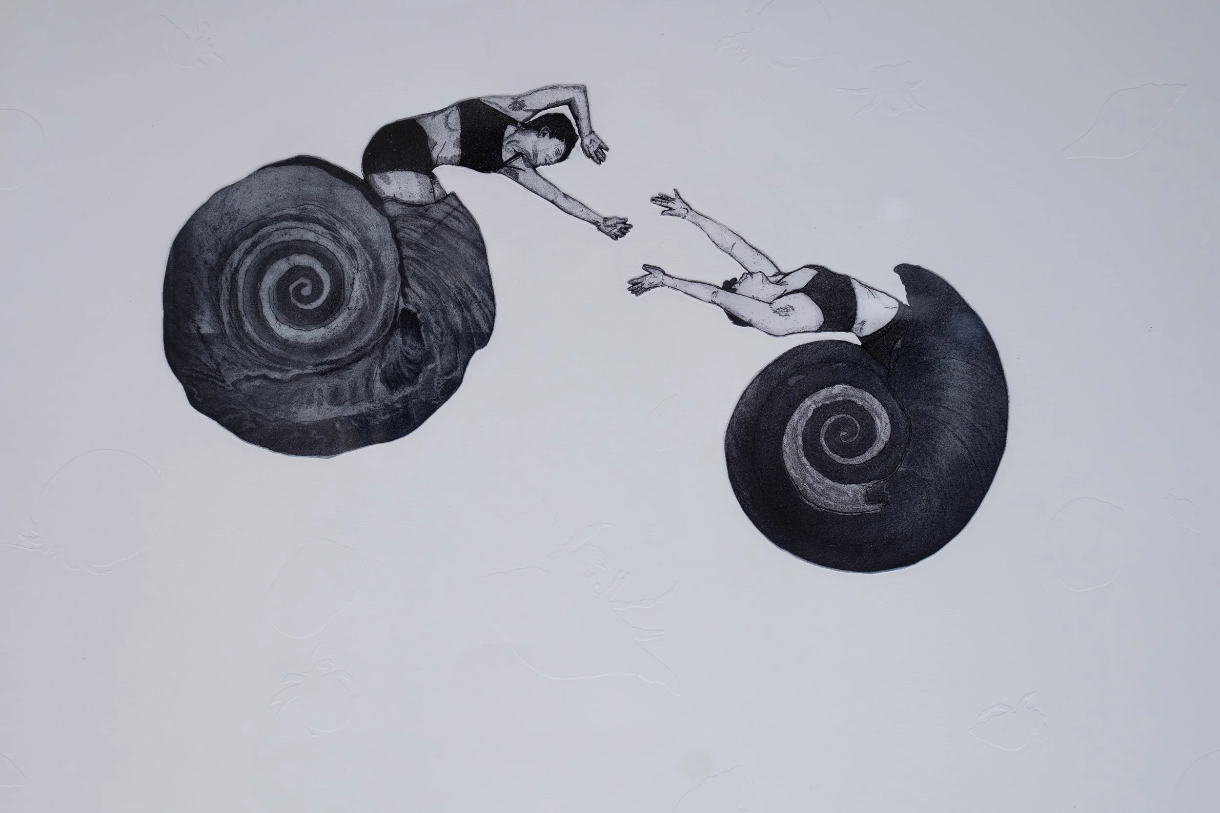 Rylie Kelley,
We twist and tangle, carried by the dancing  
eddies of the tide pools, 
2026,
Shaped copperplate intaglio print with soft  
ground etching, aquatint, and viscosity roll;  
blind embossment. 
28" x 46" 