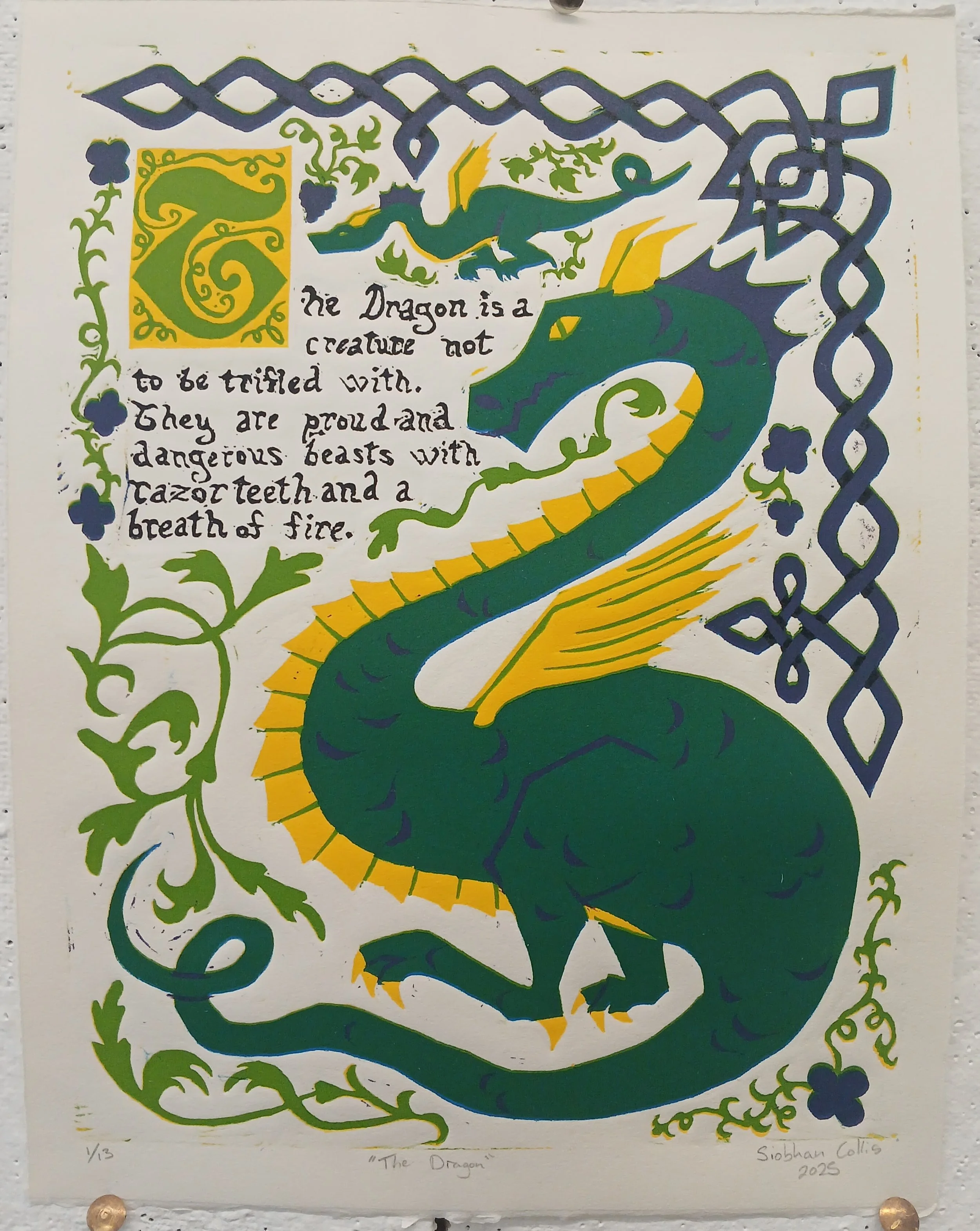 "The Dragon" 2025, linoleum print on paper, 9”x12”