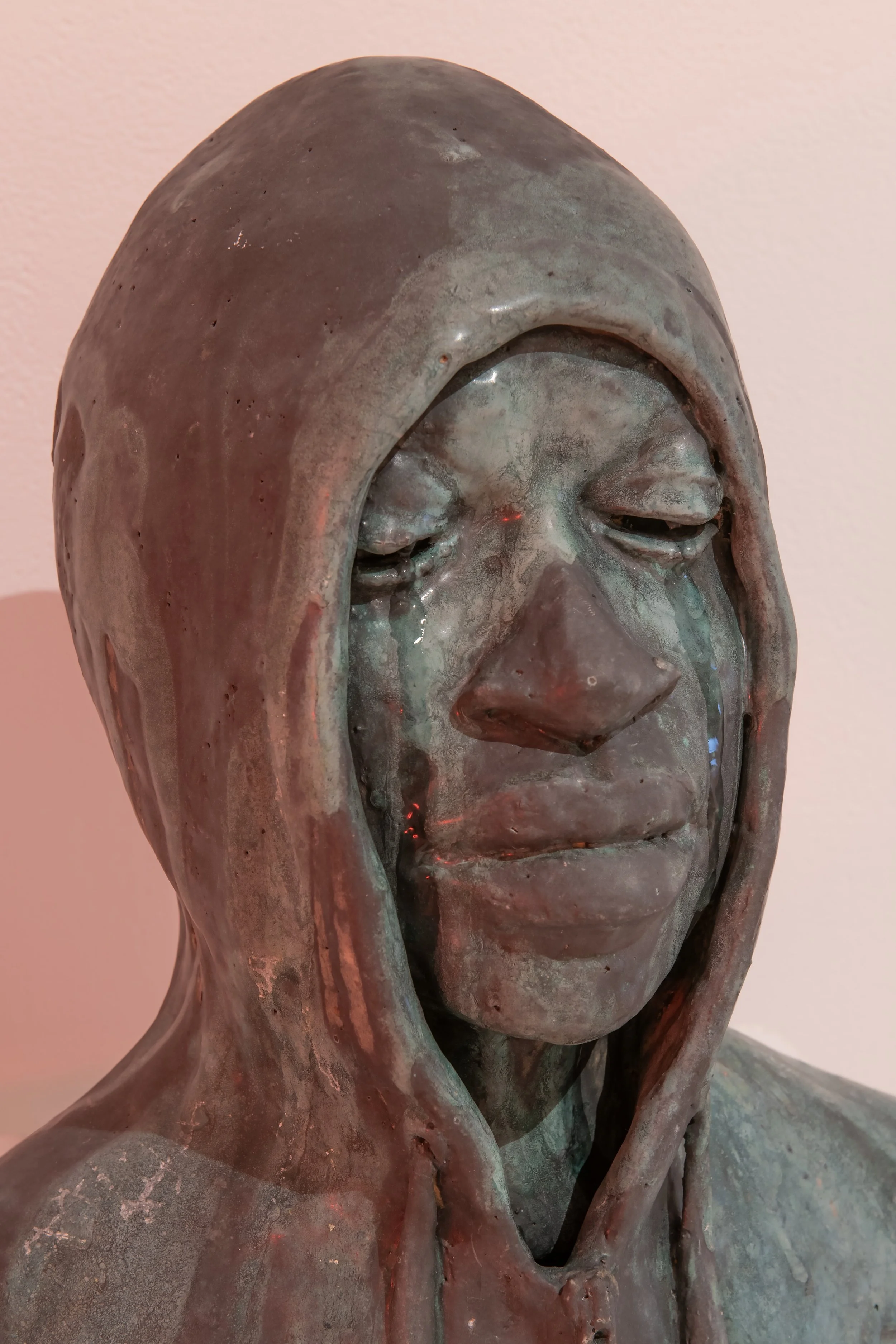"Untitled (self-contained water fountain)," (detail) Stoneware & copper glaze, 16" by 9" by 17" Photo Credit: John Carlano