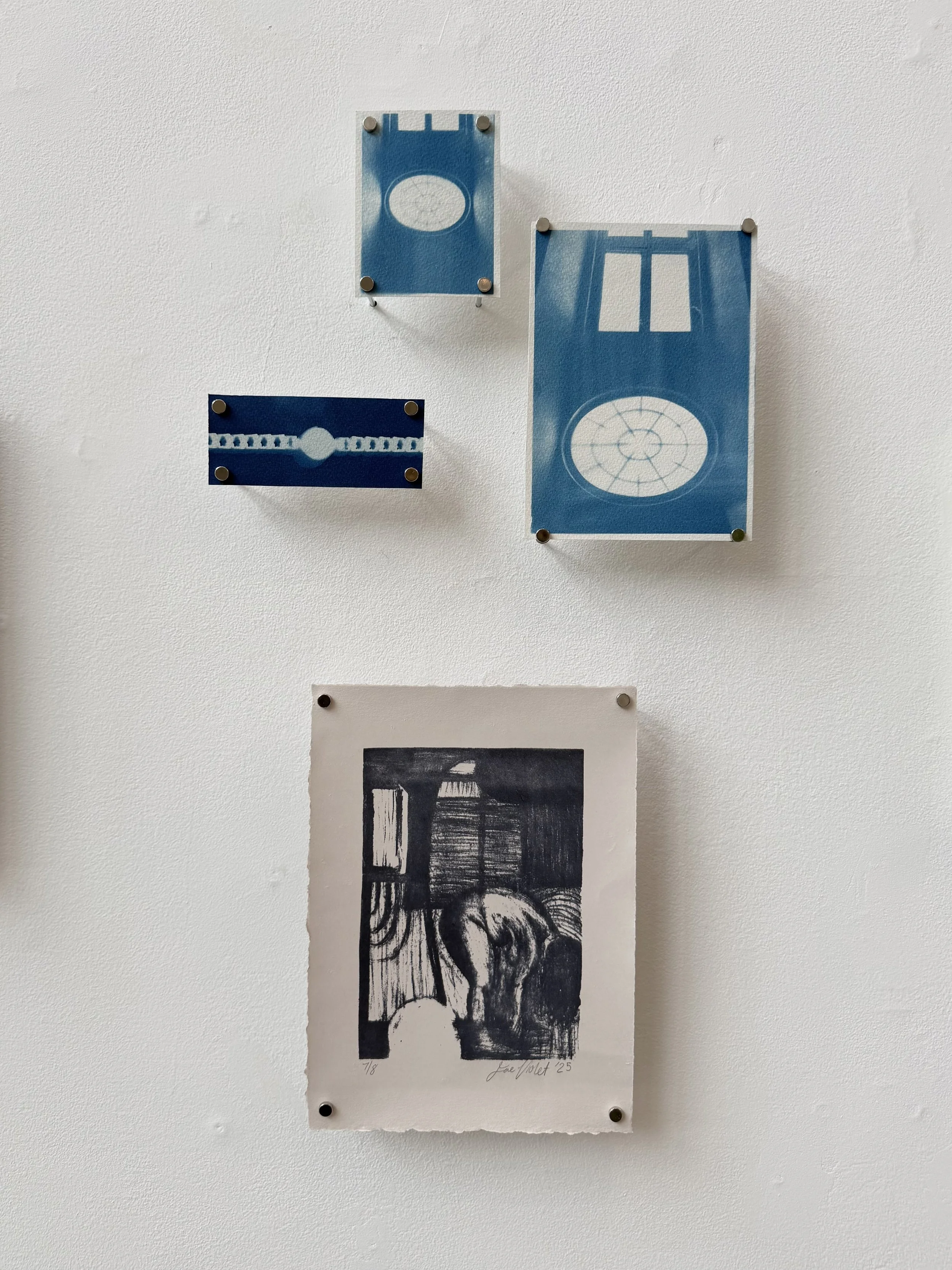     Top: cyanotypes on paper, 2024, largest 4” x 6”, Bottom: Interior; stone lithograph, 2025, 6" x 8"