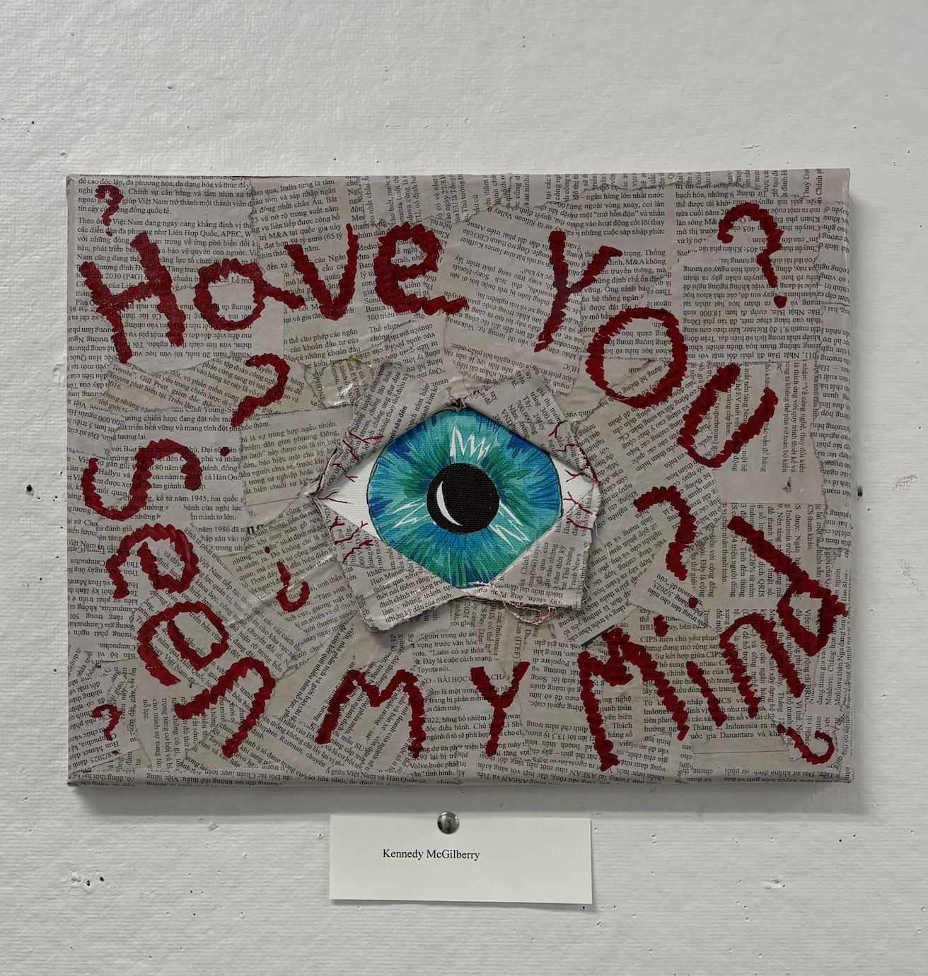 "El Duende" 2025, Paint, Marker, and newspaper on canvas, 8" x 11" 