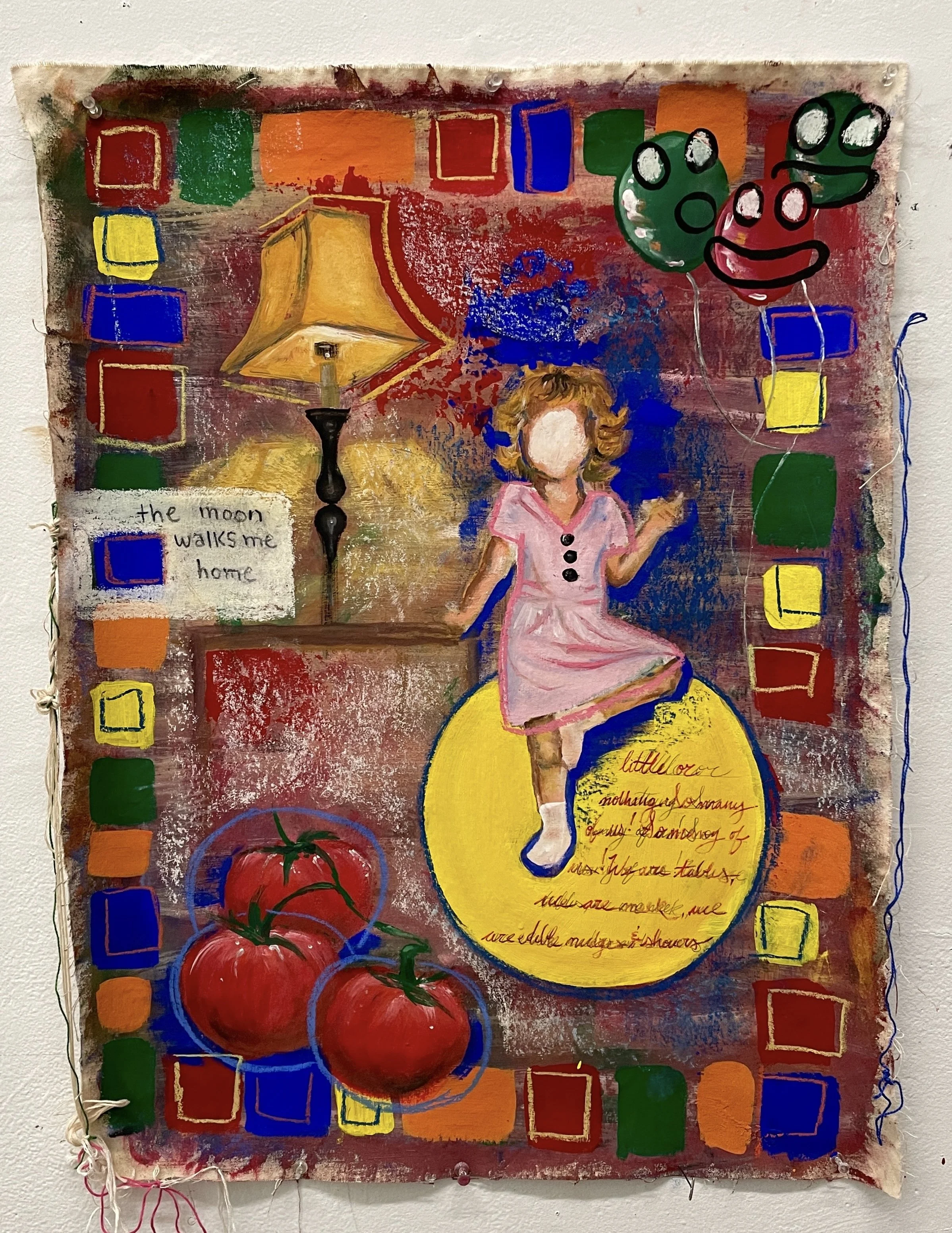 "The Moon Walks Me Home" mixed media on raw canvas, 2024, 30’’ x 24’’