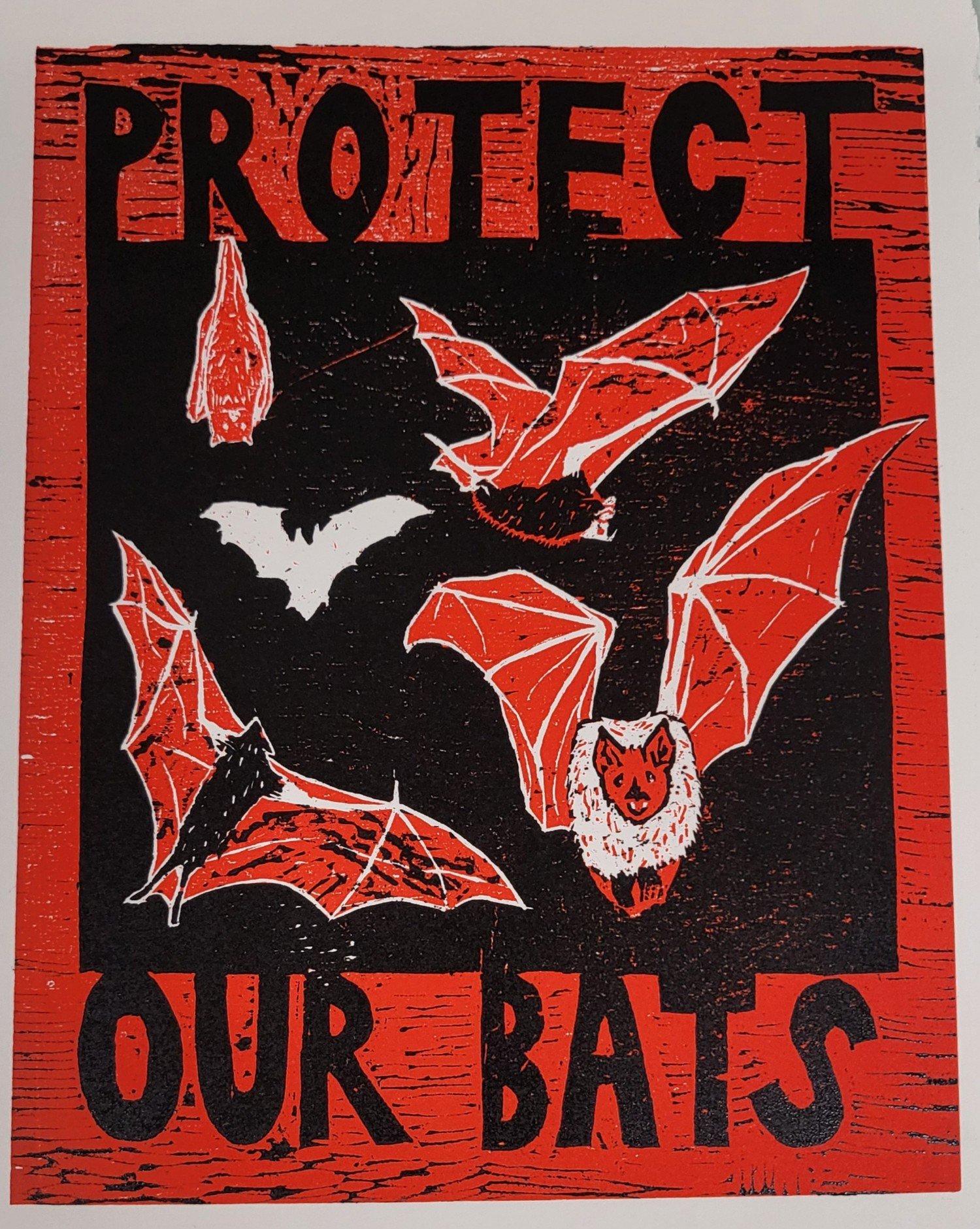 Protect Our Bats, 2024, Wood block and ink print 11" x 14"