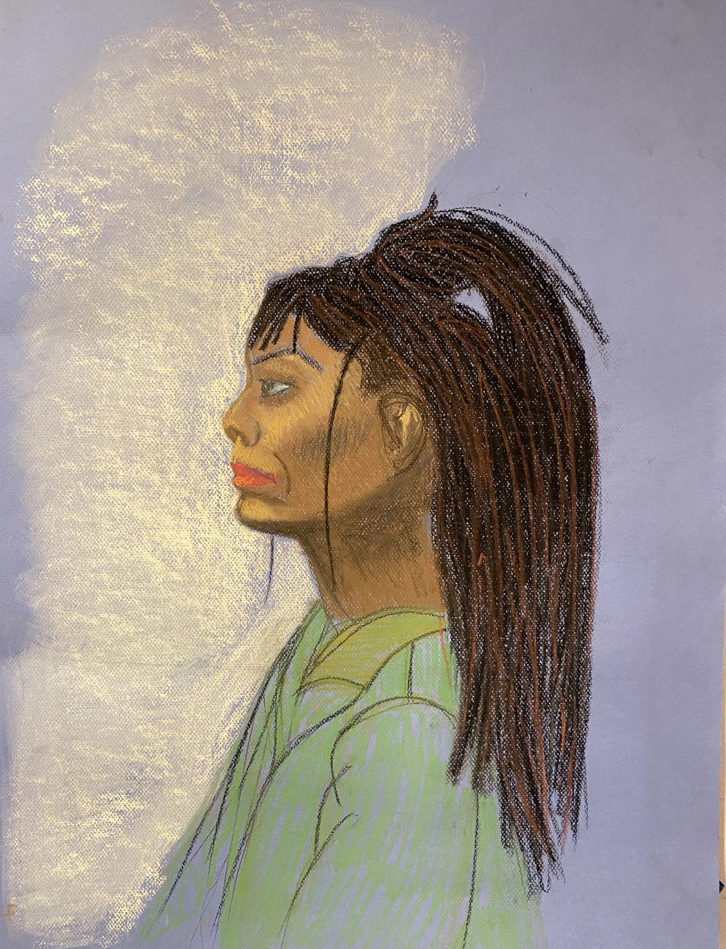 “Side Profile of Model," 2019, Pastel, 24” by 18”