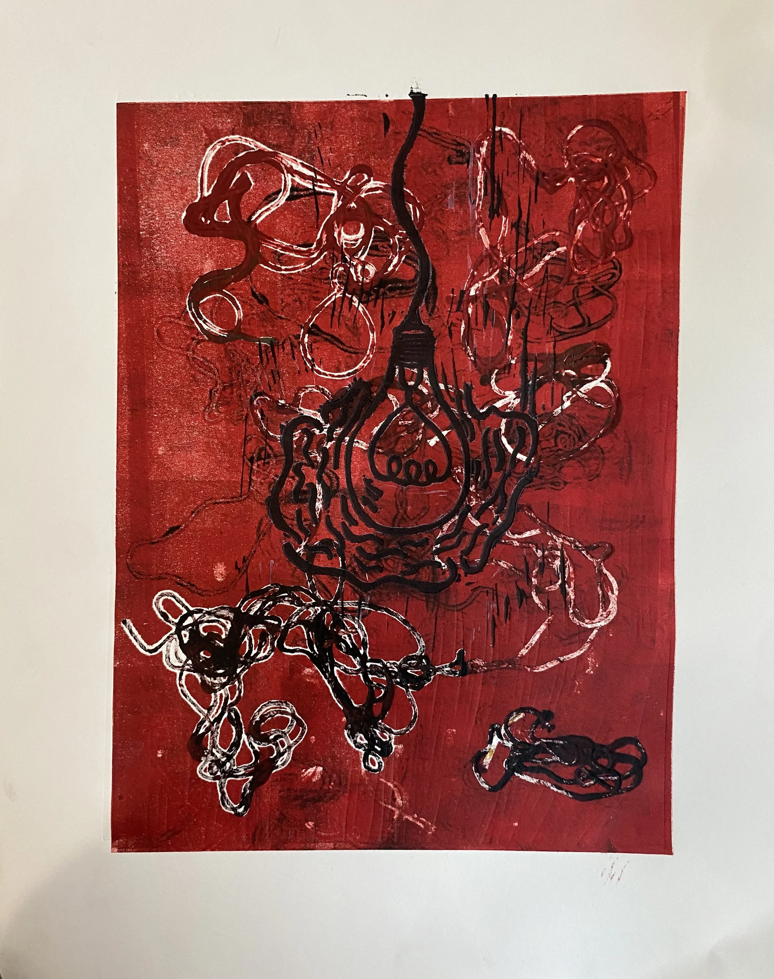 “Anxiety," 2022, Relief print and ink, 9” by 12”