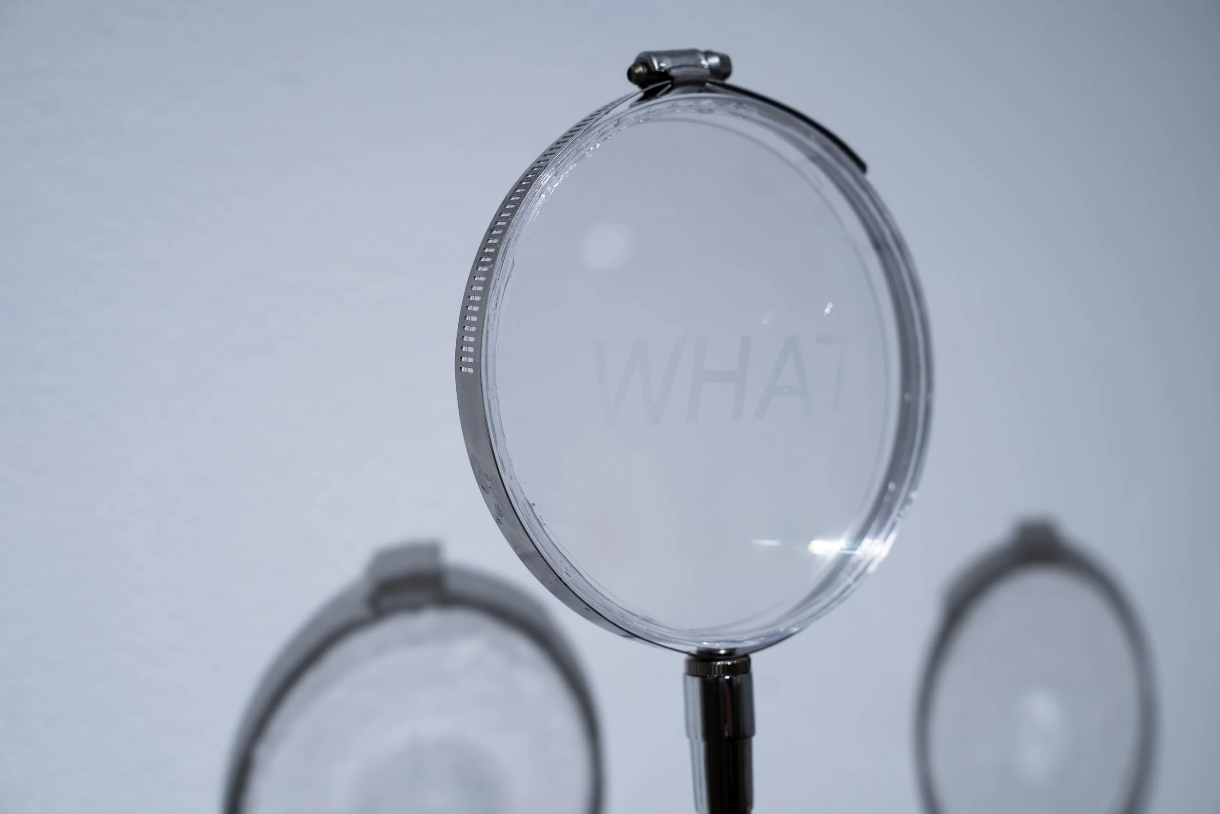 Rachael Henson, 
Breath Experiment II, 
2026, 
Steel, petri dishes, microphone goosenecks,  
Rain-X. 
Dimensions variable.