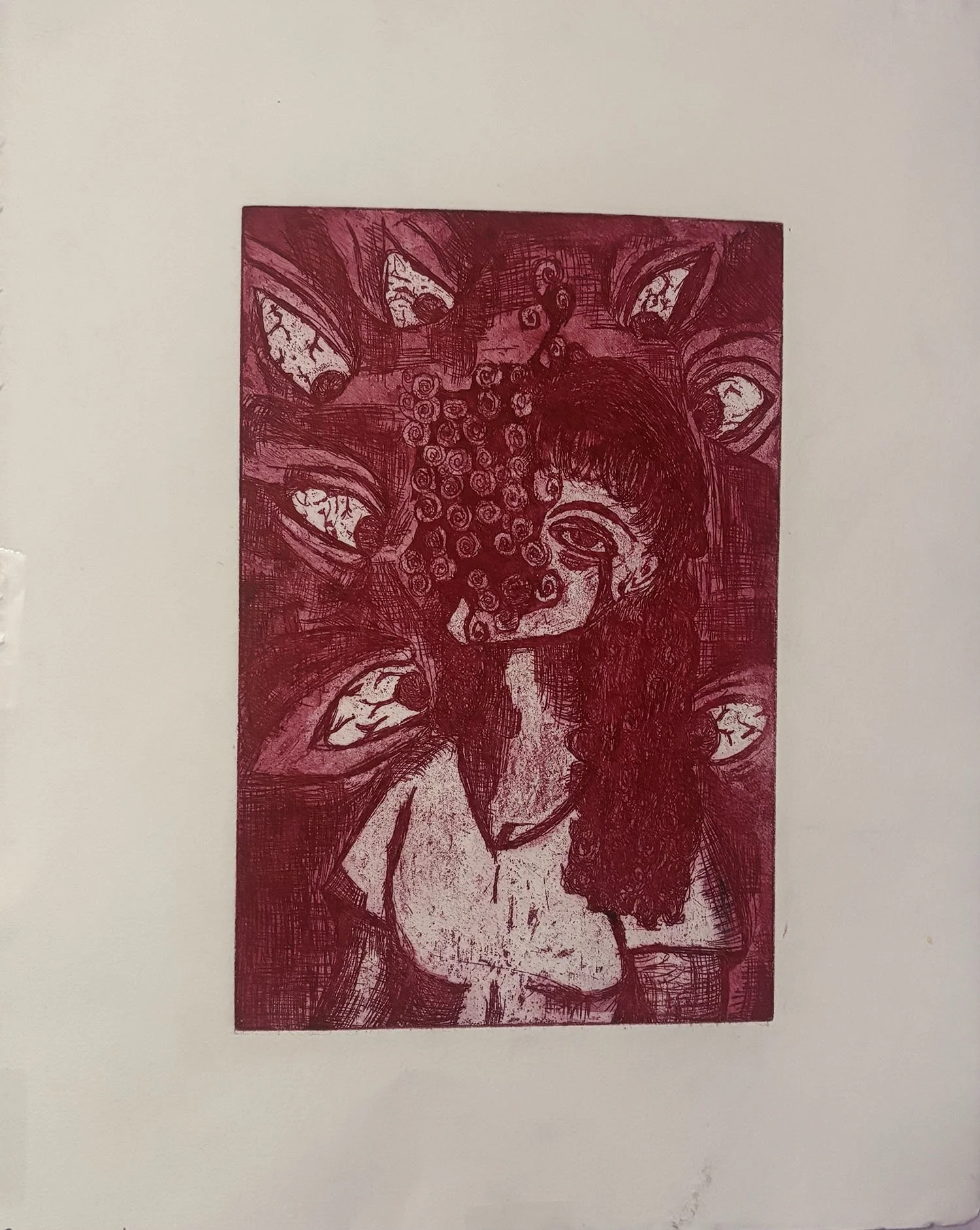 "To be Perceived" (in color), 2025, Zinc Etching on paper and ink 11.5" x 14" 