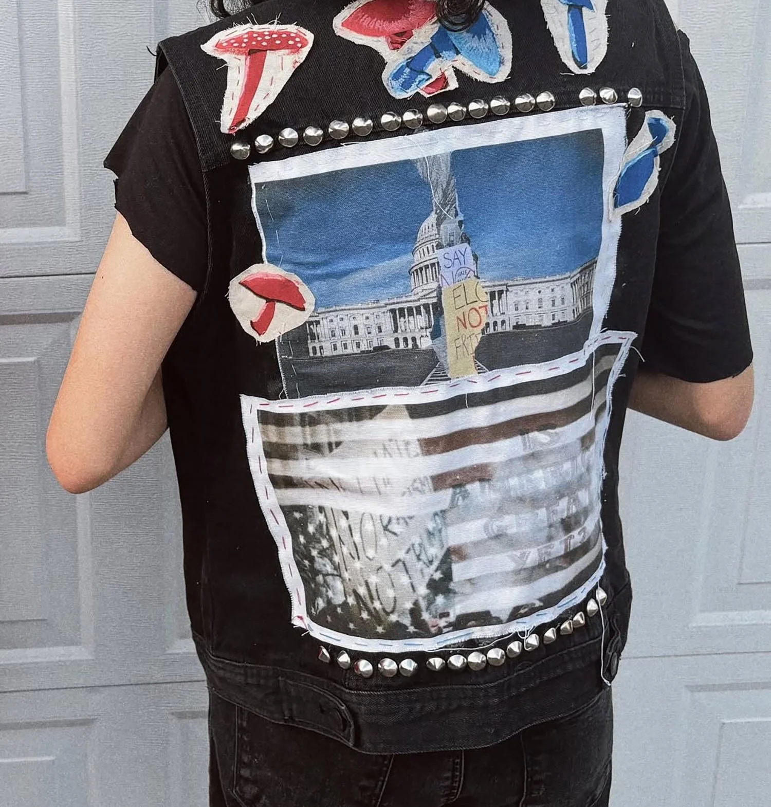 "A Fungus Government" 2025, repurposed clothing, hand sewing, photoshop, fabric, 16" x 22"
