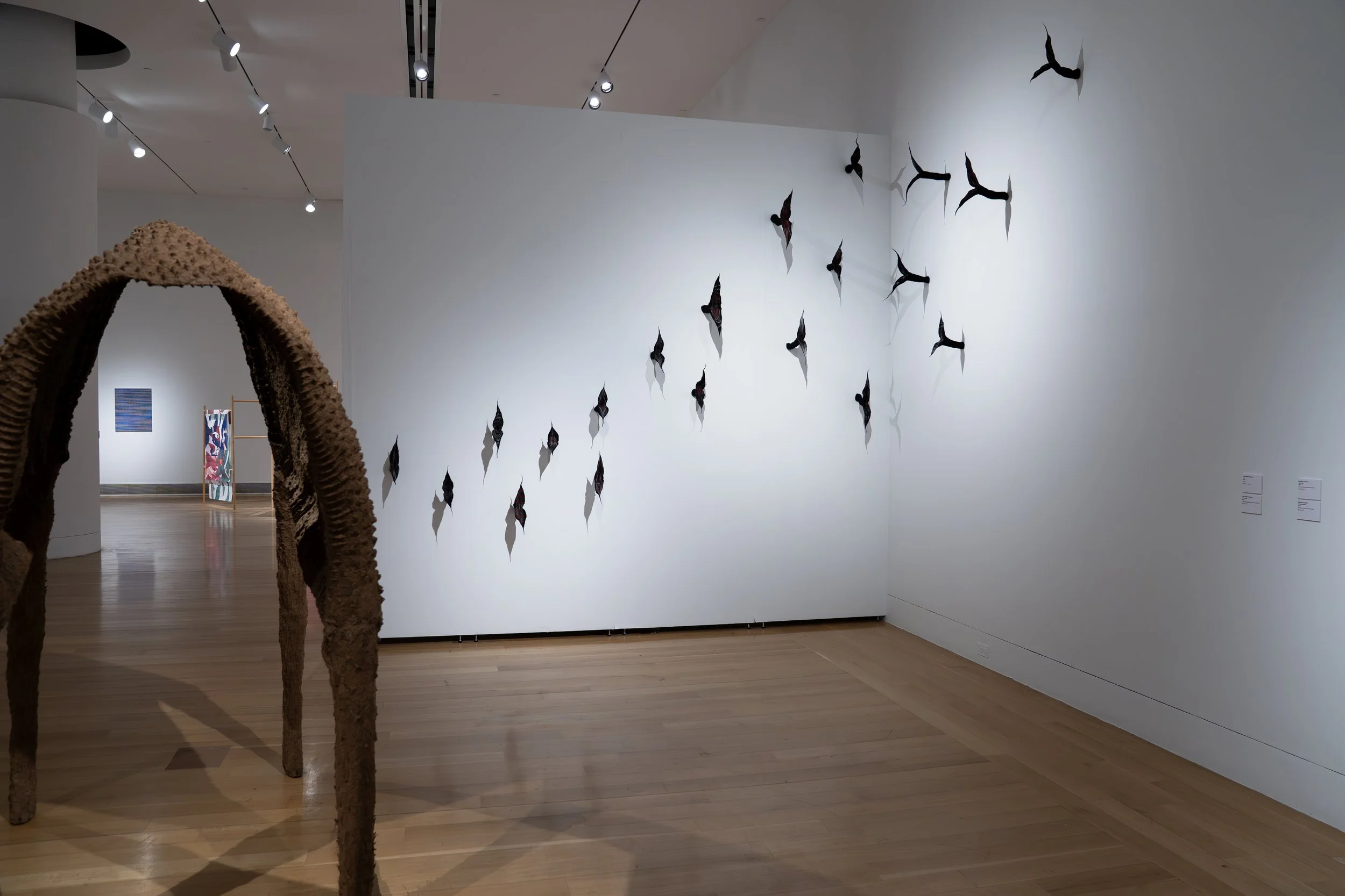 Lena Ruth Schwartz, 
Moose Husk,
2026, 
Cardboard pulp, glue, chicken wire, wood, PVC. 
87" x 60" x 44"
and
Lena Ruth Schwartz, 
Flock, 
2026, 
Wool. 
Dimensions variable
