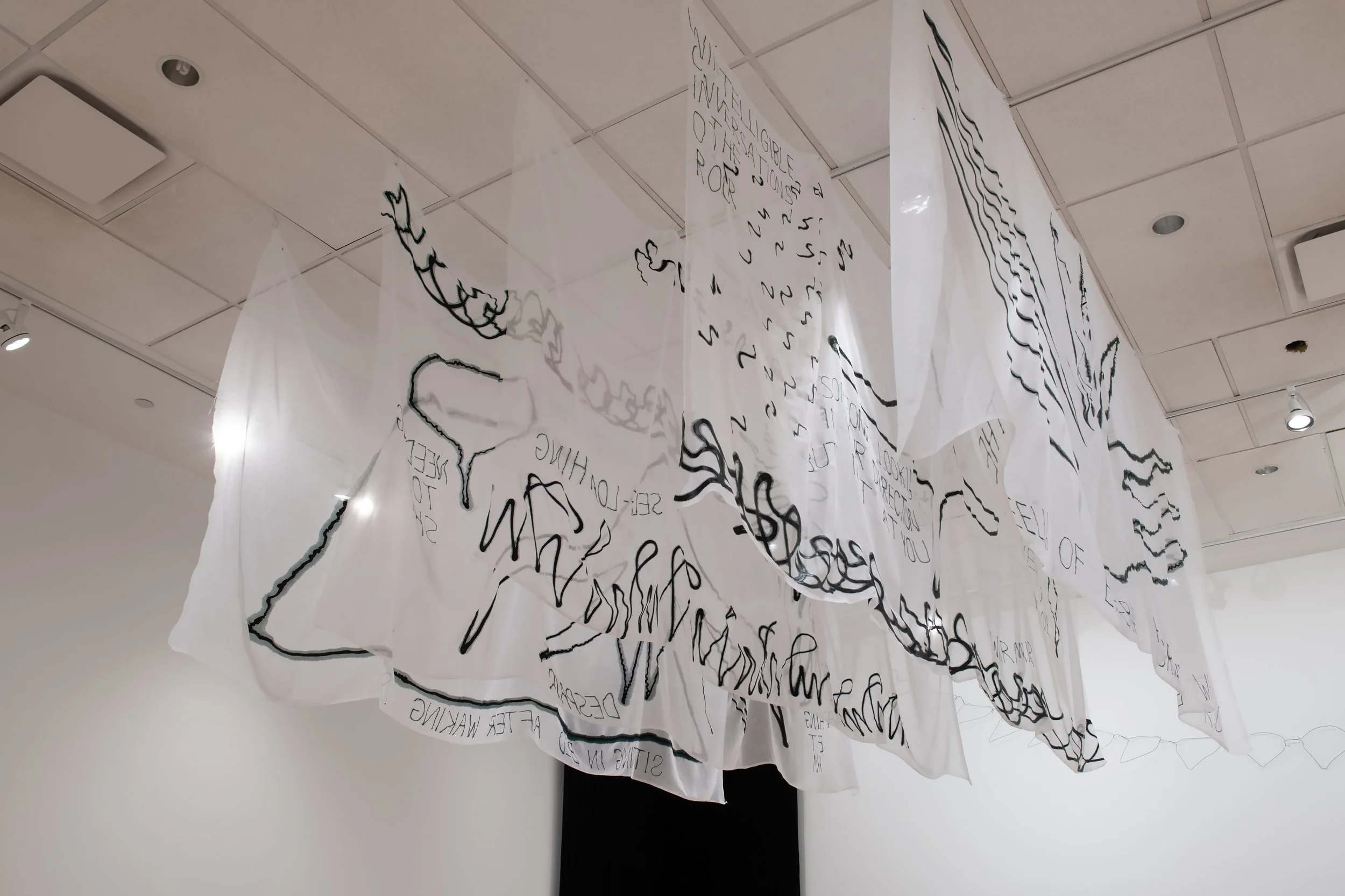 "Drawings felt while waking up and walking into a bright white room"
Installation view.
Backdrop curtains, black pond dye, massage lotion, expired hand sanitizer. Dimensions variable.
"Over and over"
Installation view.
Monitor, media player, extensio