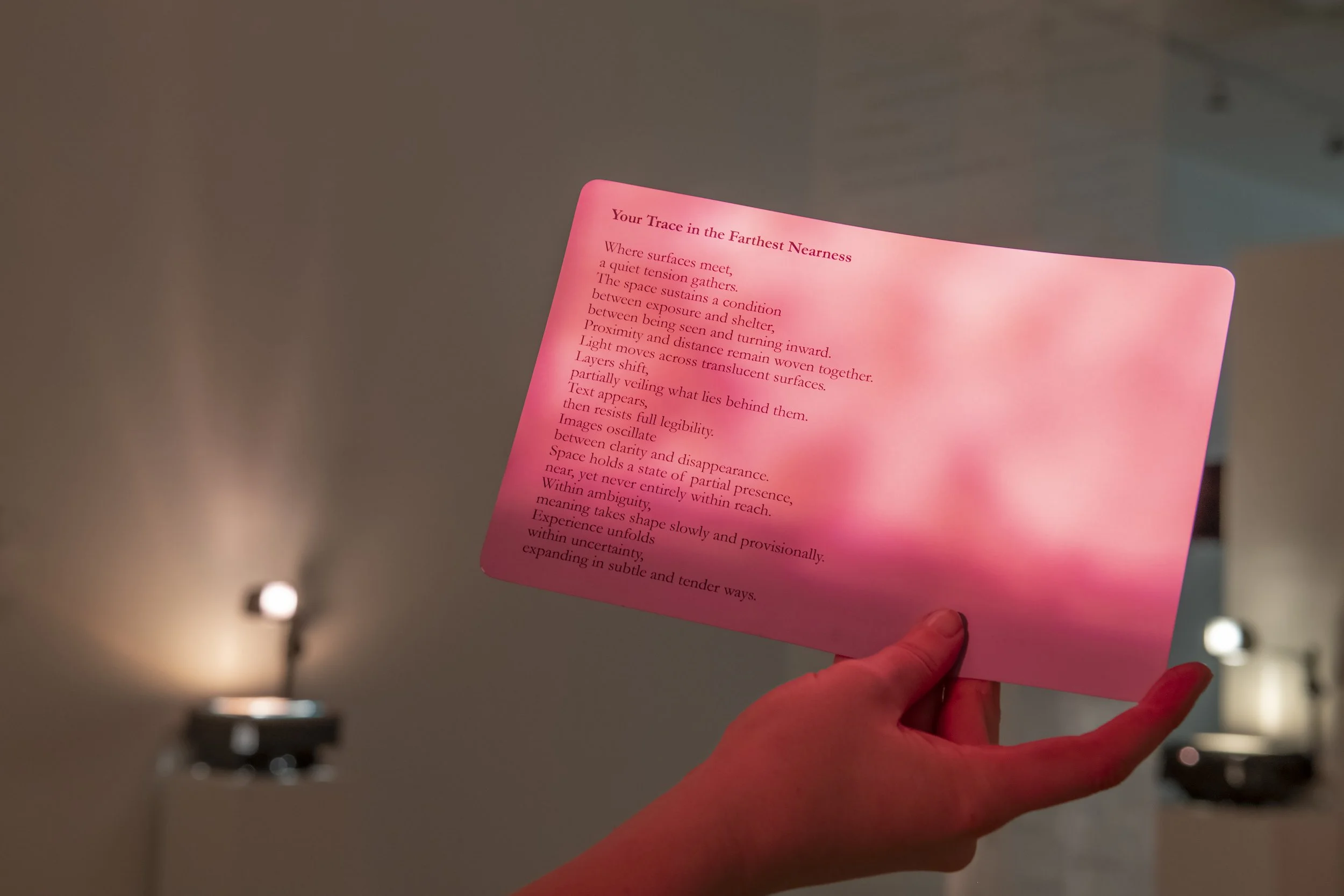 "Your Trace in the Farthest Nearness"
Detail. 
Mixed media installation with overhead projection, phytograms, transparent fabric, and handwritten text. 

Dimensions variable. 

Photo credit: John Carlano 