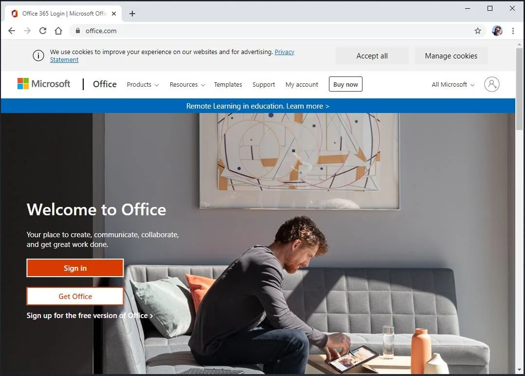 Type “office.com” into the URL bar on your web browser. Click “Sign in” to start the login process.