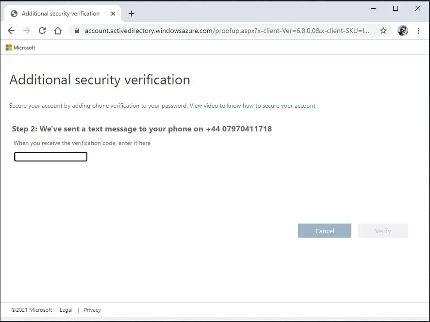 You will receive a text message from Microsoft, with a 6-digit number. Enter the code and click “Veriy” to confirm that you are in posession of that mobile phone.