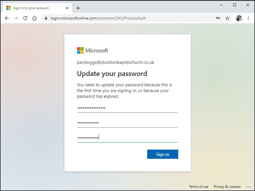 You now must update your password. Enter the password assigned to you, and then enter &amp; re-enter a new password. You will then be granted access to Microsoft 365.