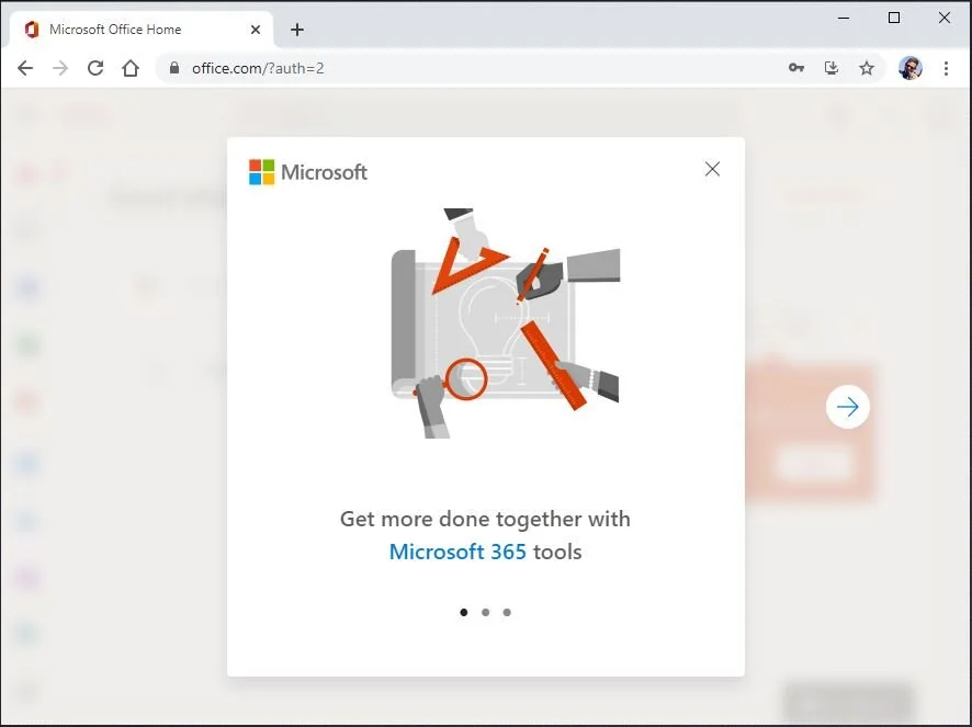 When you first access Microsoft 365, you are presented with a short series of slides to help orient you.