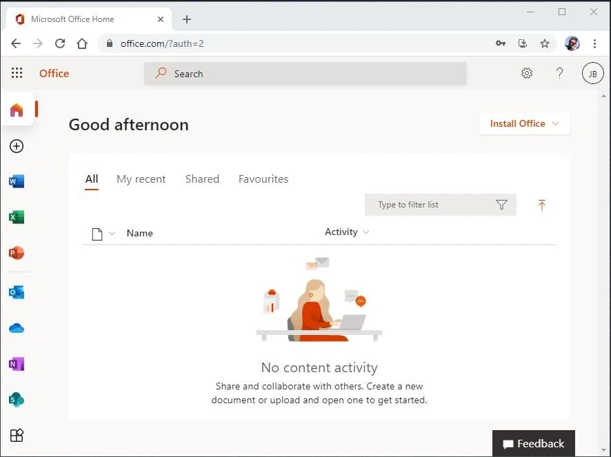 The dashboard. The icons down the left-hand side are shortcuts to online versions of the Microsoft applications you have access to.Note that the “Home” icon at the top is highlighted - this shows that you are at the home screen.