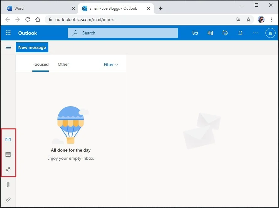 Your Inbox, empty at present. Note the icons highlighted by the red square - these allow you to move between:Email - the screen we are in now.Calendar - where you can create appointments, meetings, even online Teams meetings.Contacts - you can build…