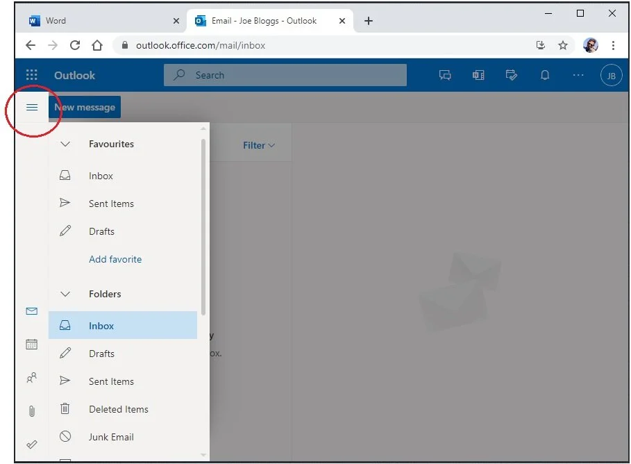 Click on the three lines (known as the ‘hamburger’ menu) to bring out the navigation menu - this allows you to move between Inbox, Sent Items, etc.