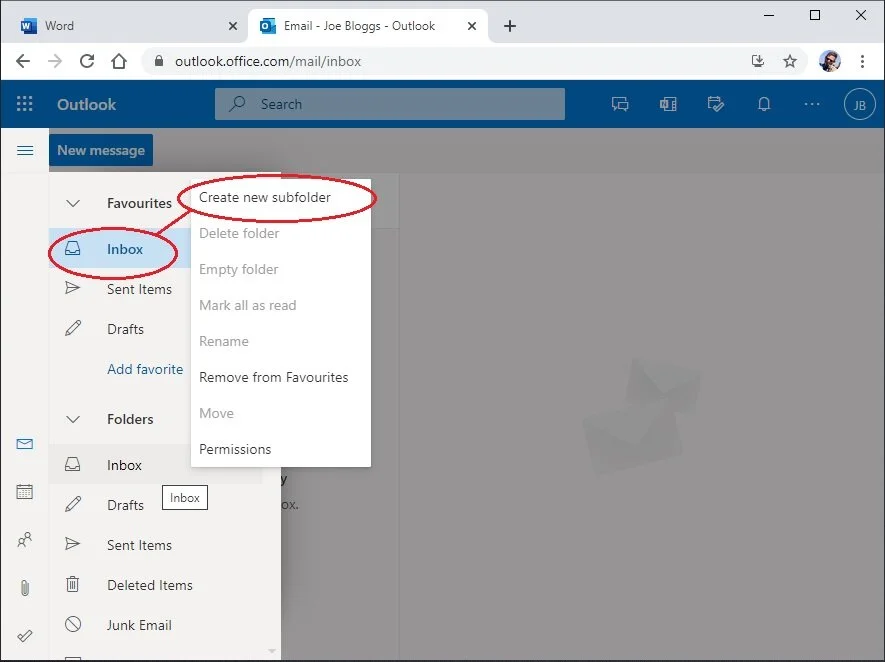 If you like to arrange your email into folders, right-click Inbox and choose ‘Create new subfolder’.