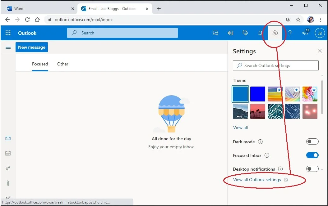 Click the cog icon at the top-right of the Outlook window, and scroll down to ‘View all Outlook settings‘