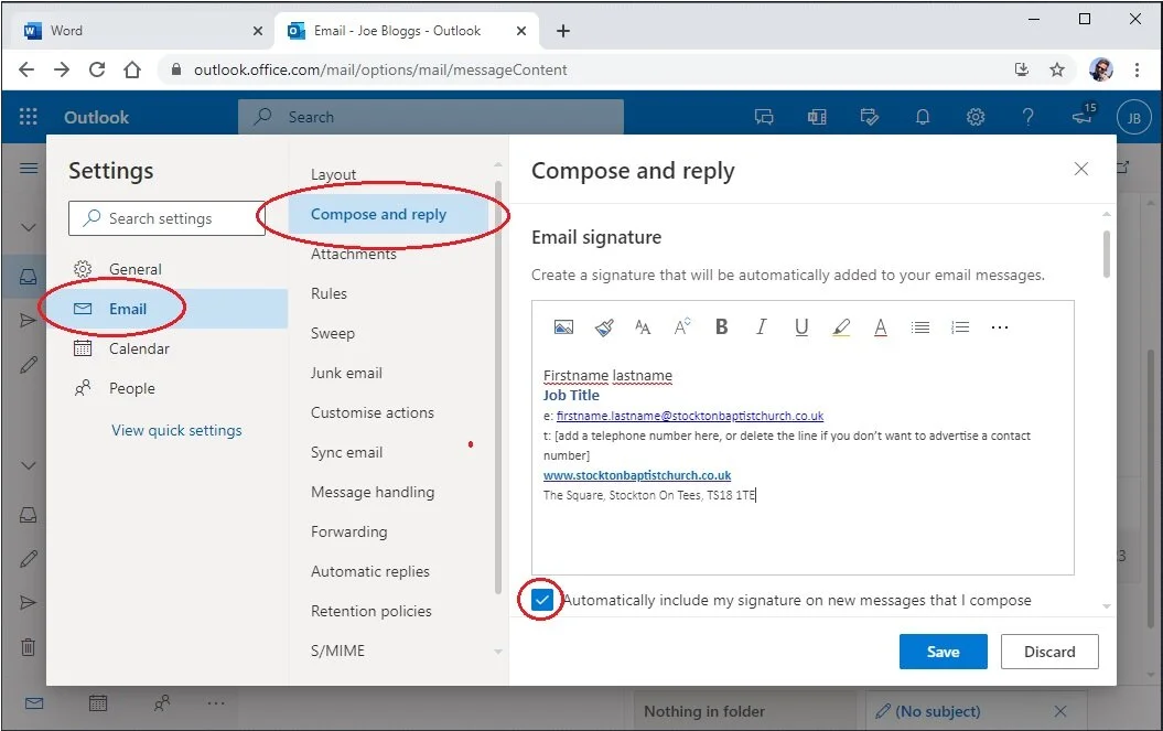 Select ‘Email’, then ‘Compose and reply’ - you’re presented with a text box in which you can create a signature.Download this file and copy the text from the file into your signature area. Edit it to reflect your own information. Tick the ‘automatic…