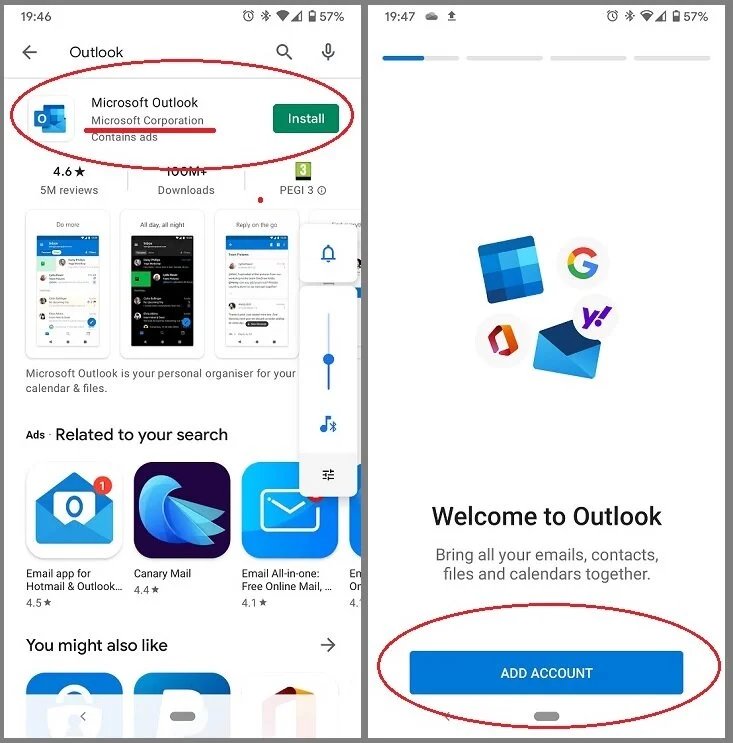 Go to the Apple App Store or Google Play Store on your phone or tablet, and find “Outlook” by Microsoft Corp. Open the app, and click ADD ACCOUNT.