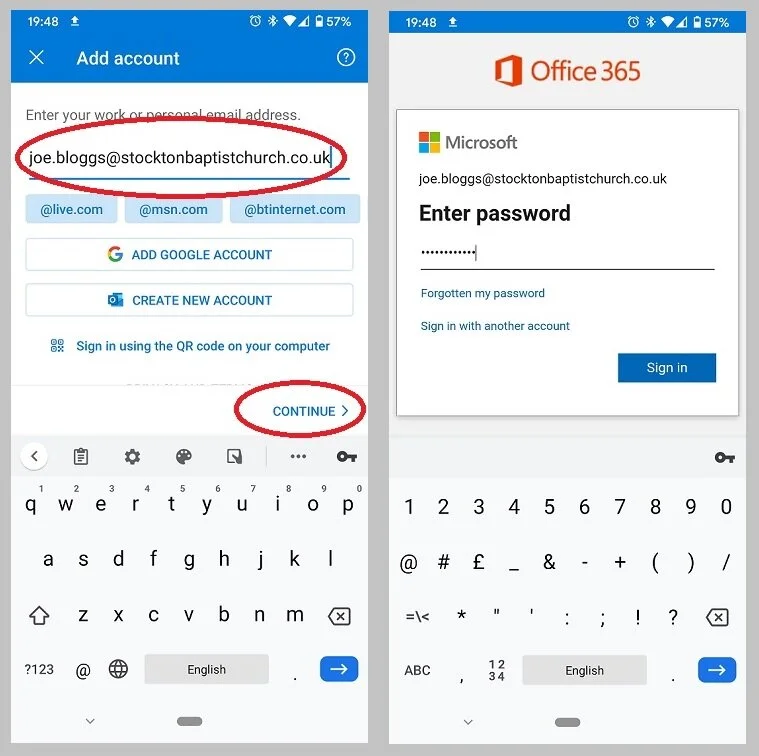 Enter your SBC email address on the top line, and tap CONTINUE.Enter your password and tap Sign In.