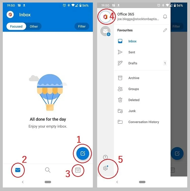 This is your Inbox in the mobile app.You can start a new email (1), and move between Inbox (2) and Calendar (3).The Office icon at the top-left of the screen (4) pops out a more detailed menu, which will give you more Inbox / Calendar options.The co…