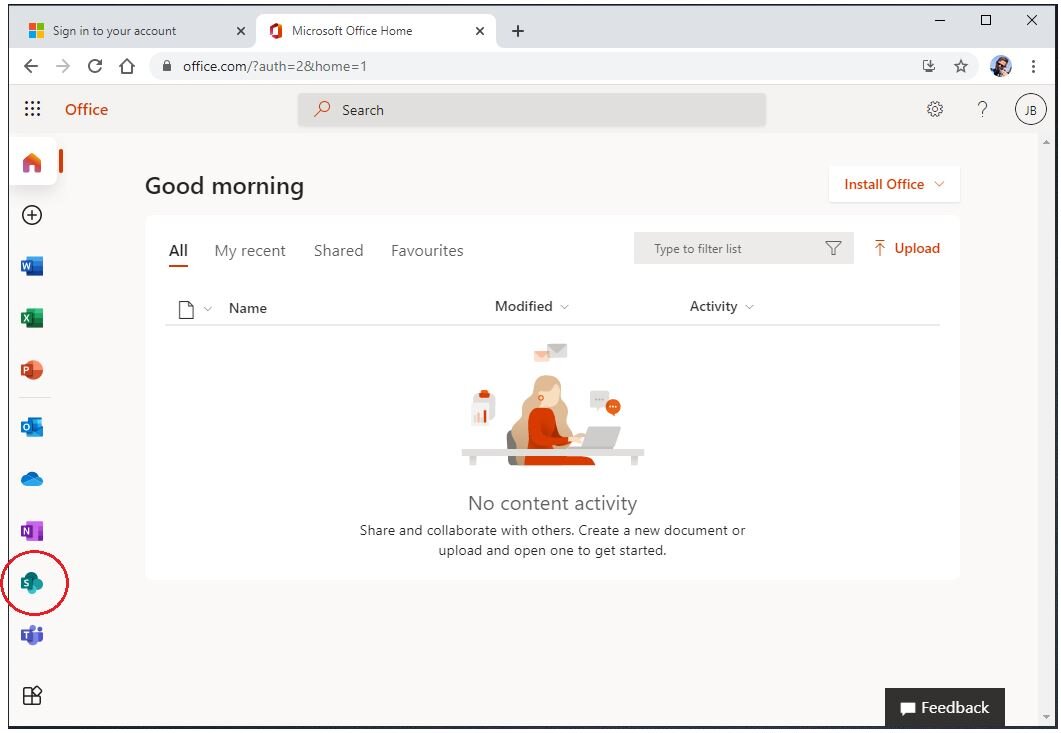 Access SharePoint by clicking the SharePoint app icon on the dashboard.