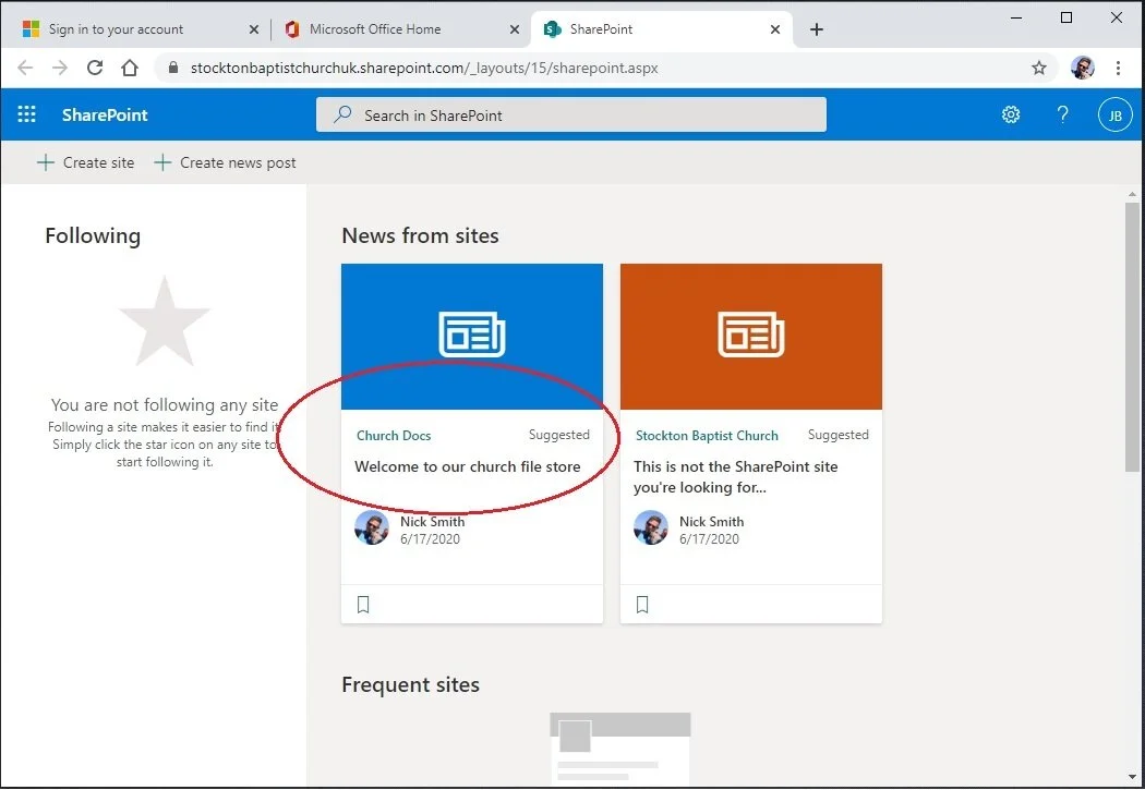 ‘Church Docs’ is the SharePoint site which acts as our file store. Click on Church Docs to access that site.
