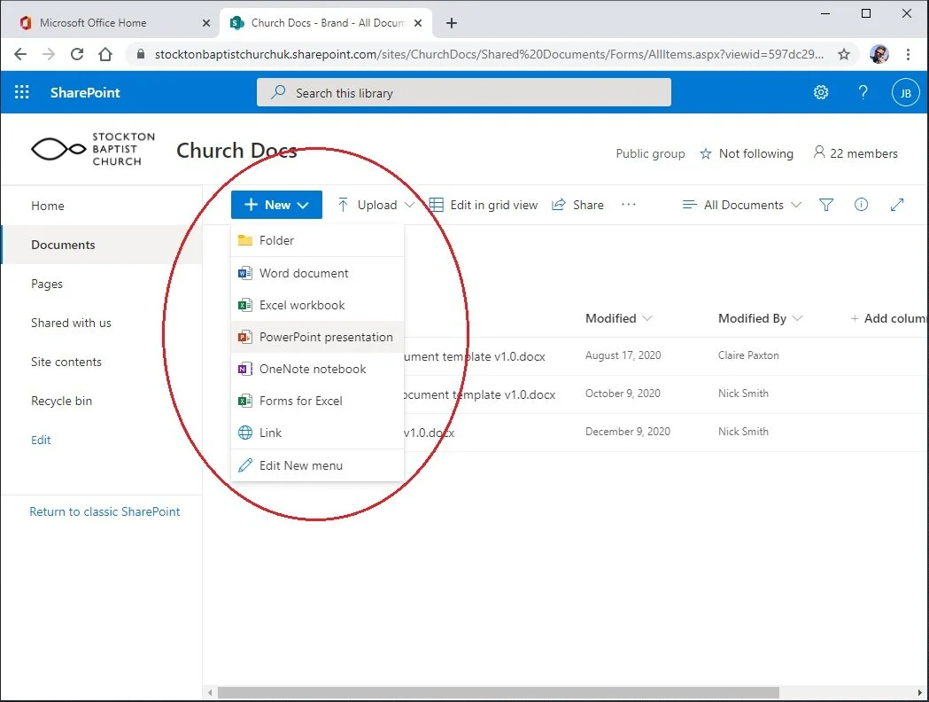 You can directly create a new file within any of the folders you have access to. Click ‘New’ to drop down the menu and choose the type of file you want to create. If you choose ‘Word document’ the online Word app will open and you will be able to wo…
