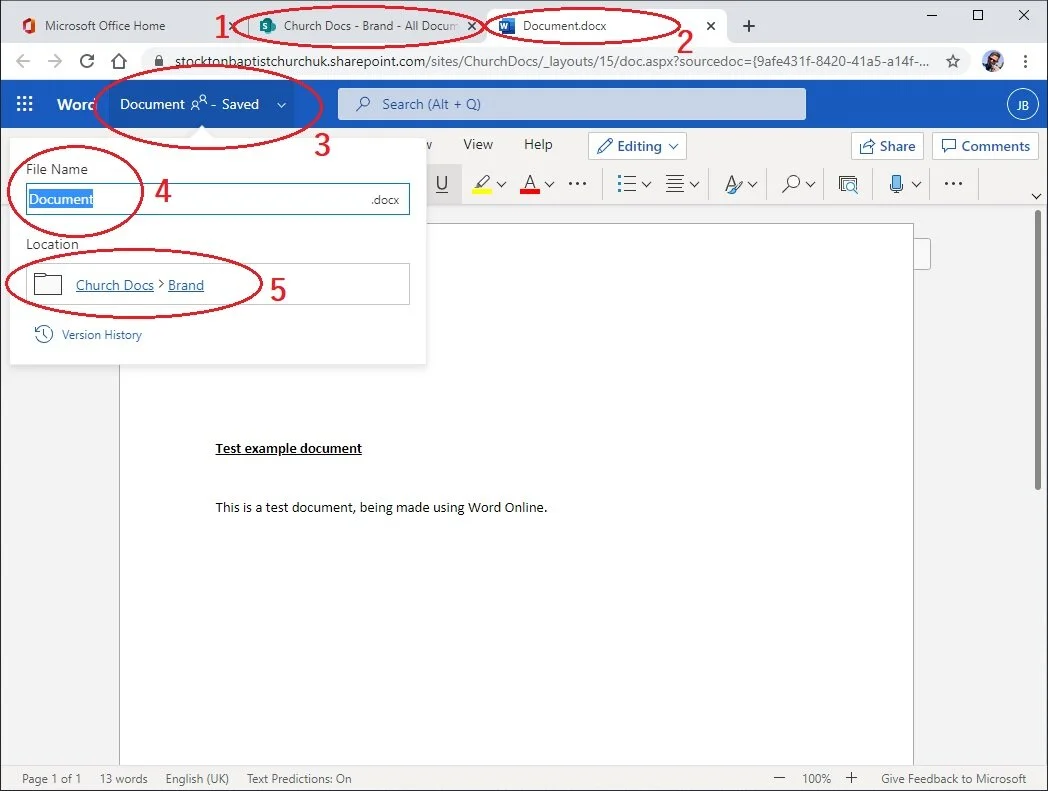 In this example, a new Word document has been created in the "‘BRAND’ folder.Note that SharePoint stays open (1), and Word Online opens in a new tab (2).The file is called ‘Document’ by default (3), and is saved automatically - click the file name (…