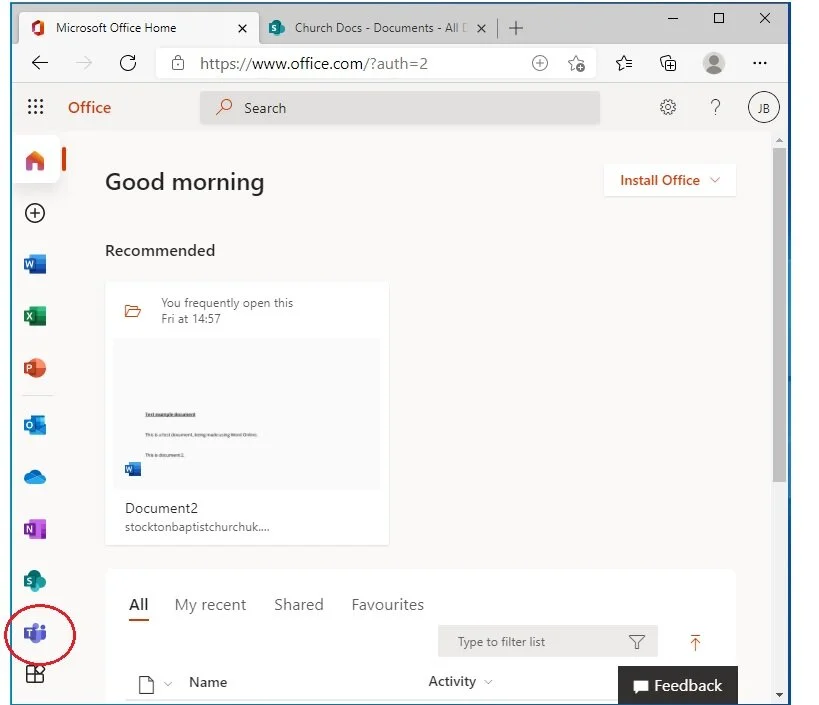 From your Office dashboard, click on the Teams icon at the bottom of the left-hand panel.