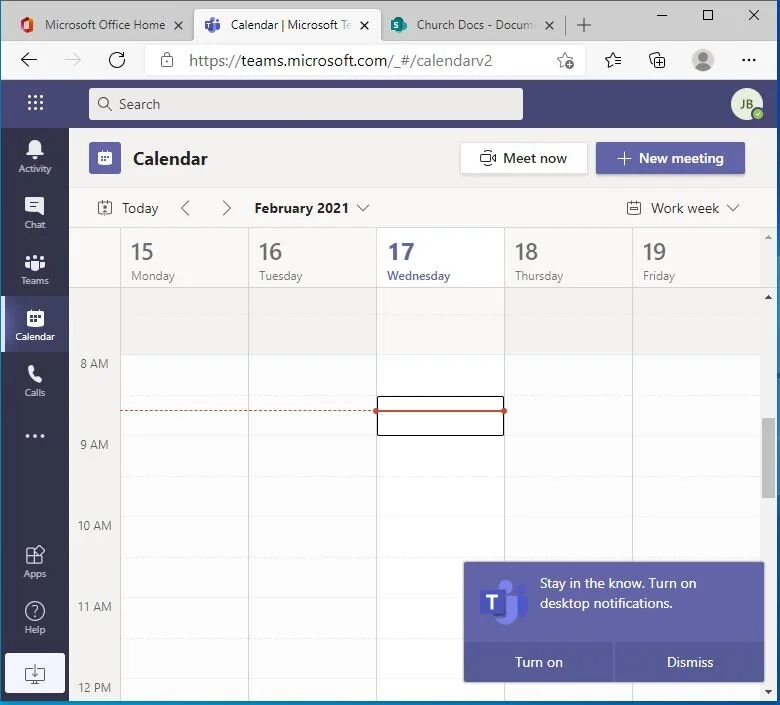 When Teams opens, click “Calendar” on the left. You’ll be prompted about desktop notifications - turn them on if you’d like to be  notified or reminded about Teams events or when someone ‘mentions’ you.At the top of this screen are two buttons - “Me…