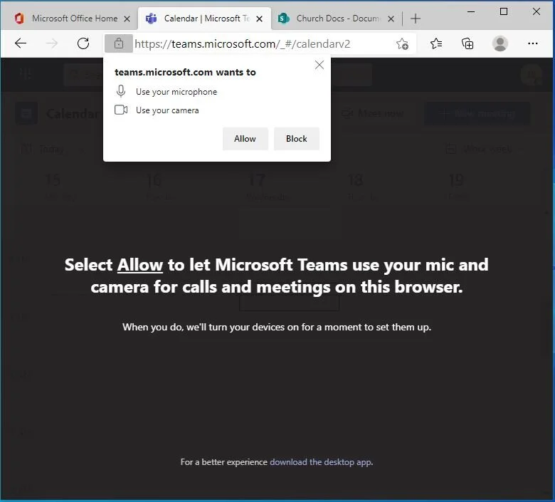 Click “Allow” to use camera and microphone. You can also download the desktop app from this screen, but we’ll stay within the web browser for now - you can download the app later.