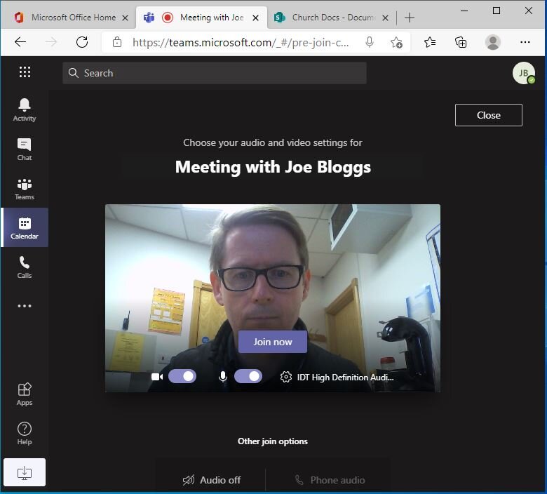 Next, Joe is able to review his camera and microphone settings (both in the “on” position”, and can click “Join now” to start a video call.