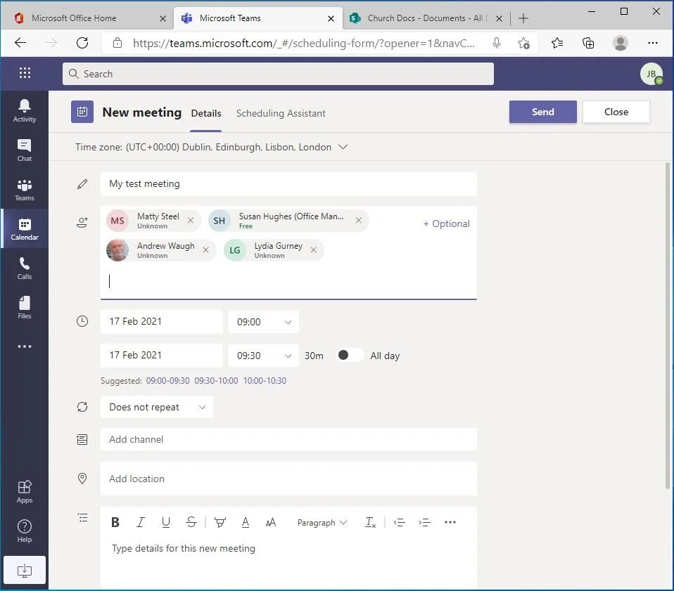 When you click “New meeting”, you can give the meeting a name, select the date/time and participants (you can invite people outside the SBC organisation - they will enter the Waiting Room on connection), and add any details for participants to read.…