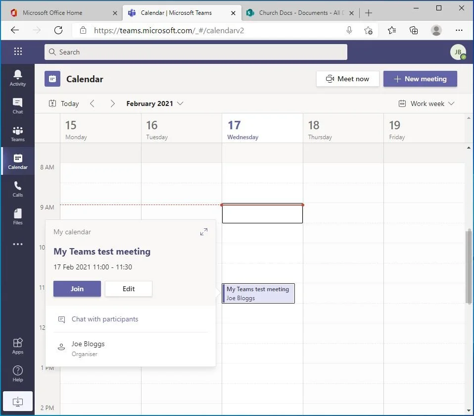 When Joe selects the meeting, he has the option to “Join” the meeting or to edit its contents. There is also a “chat with participants” button… here we begin to see the linked-up features of Teams: