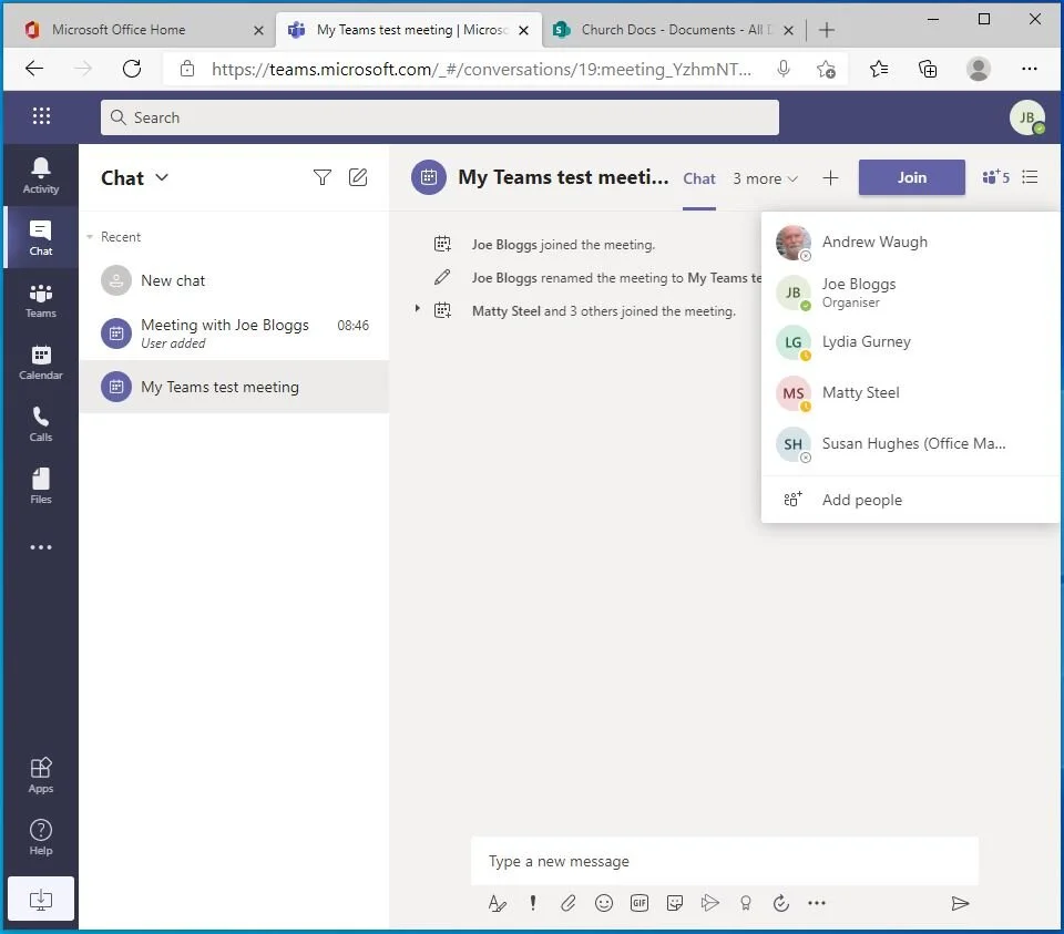 This is after clicking “chat with participants”. See the name is the meeting name, and the people included in the chat are the participants of the meeting just organised.